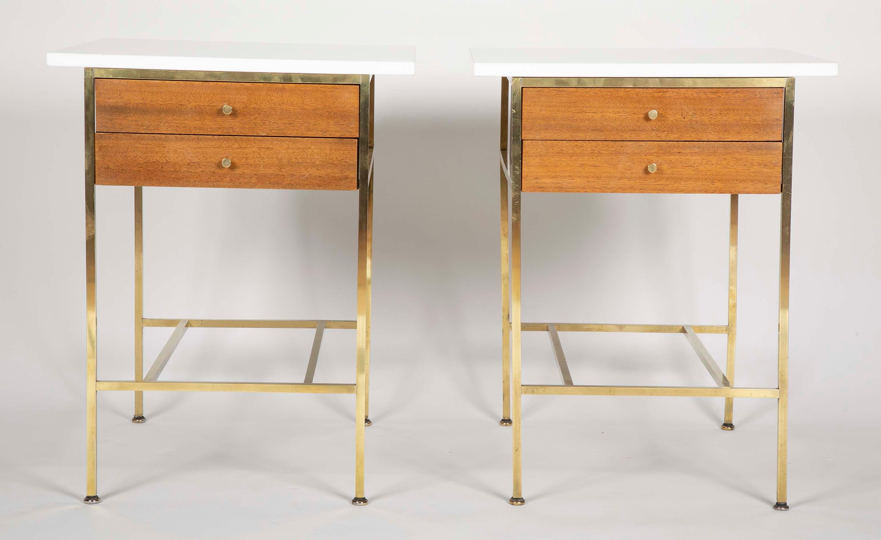American Pair of Paul McCobb Brass and Vitrolite Glass Top Side Tables