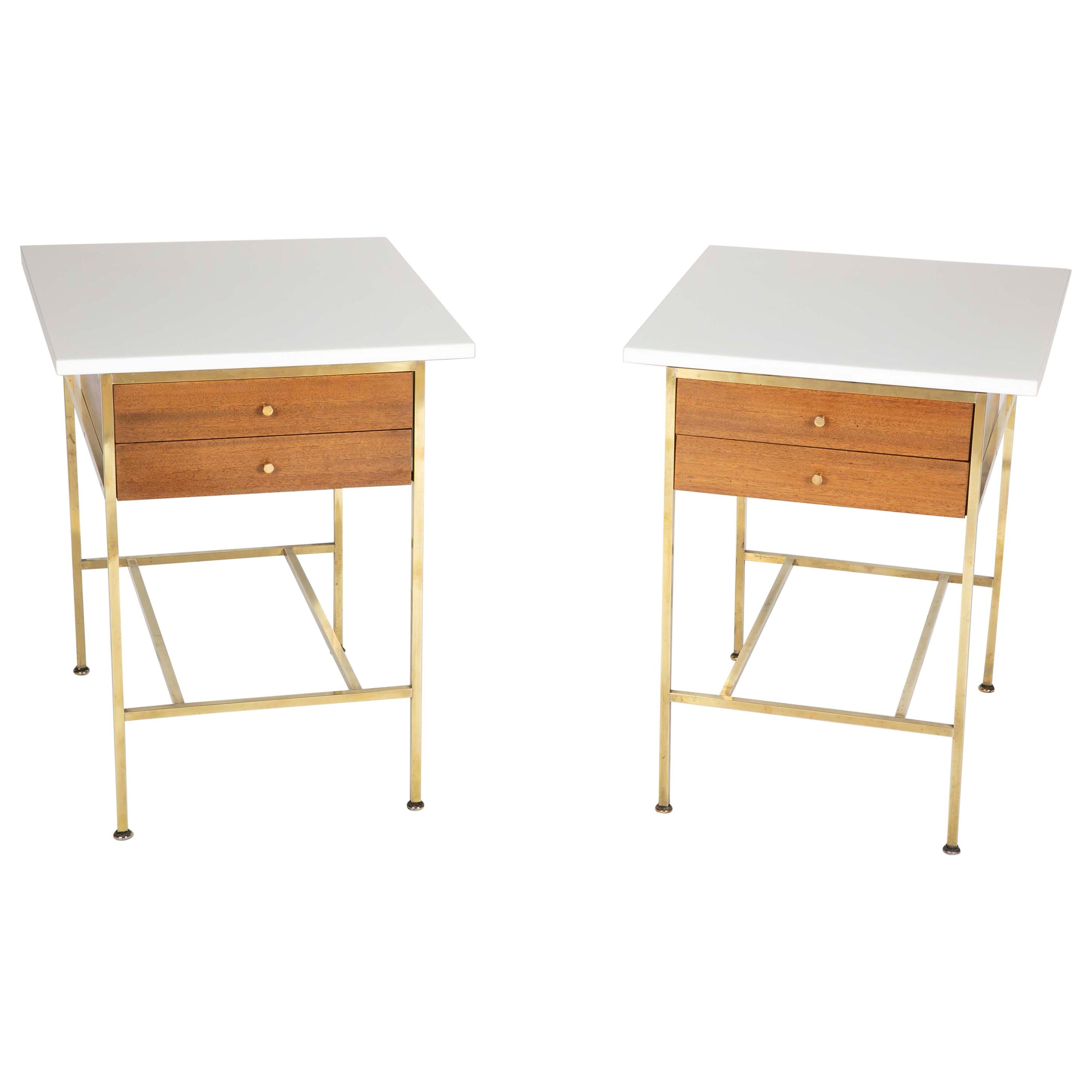 Pair of Paul McCobb Brass and Vitrolite Glass Top Side Tables