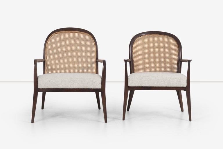 Pair of Paul McCobb Cane-Backed lounge chairs for Widdicomb, From the 800 series.
Mahogany frames with upholstered seats on boucle.
Set designed to pair the Larger chair frame with a slightly smaller frame.
Refinished and reupholstered.
