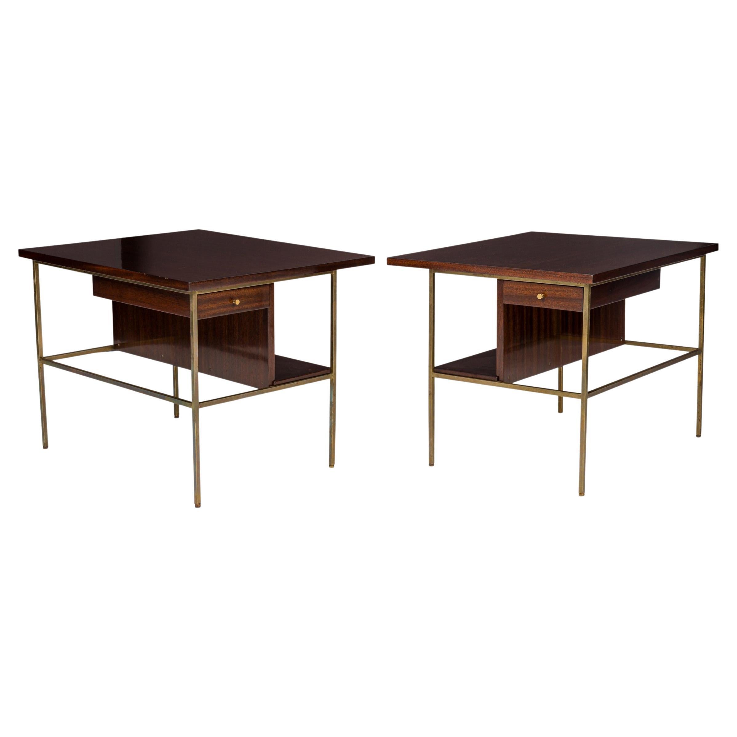 Pair of Paul McCobb for Calvin Brass and Walnut Cantilever End/Side Tables For Sale