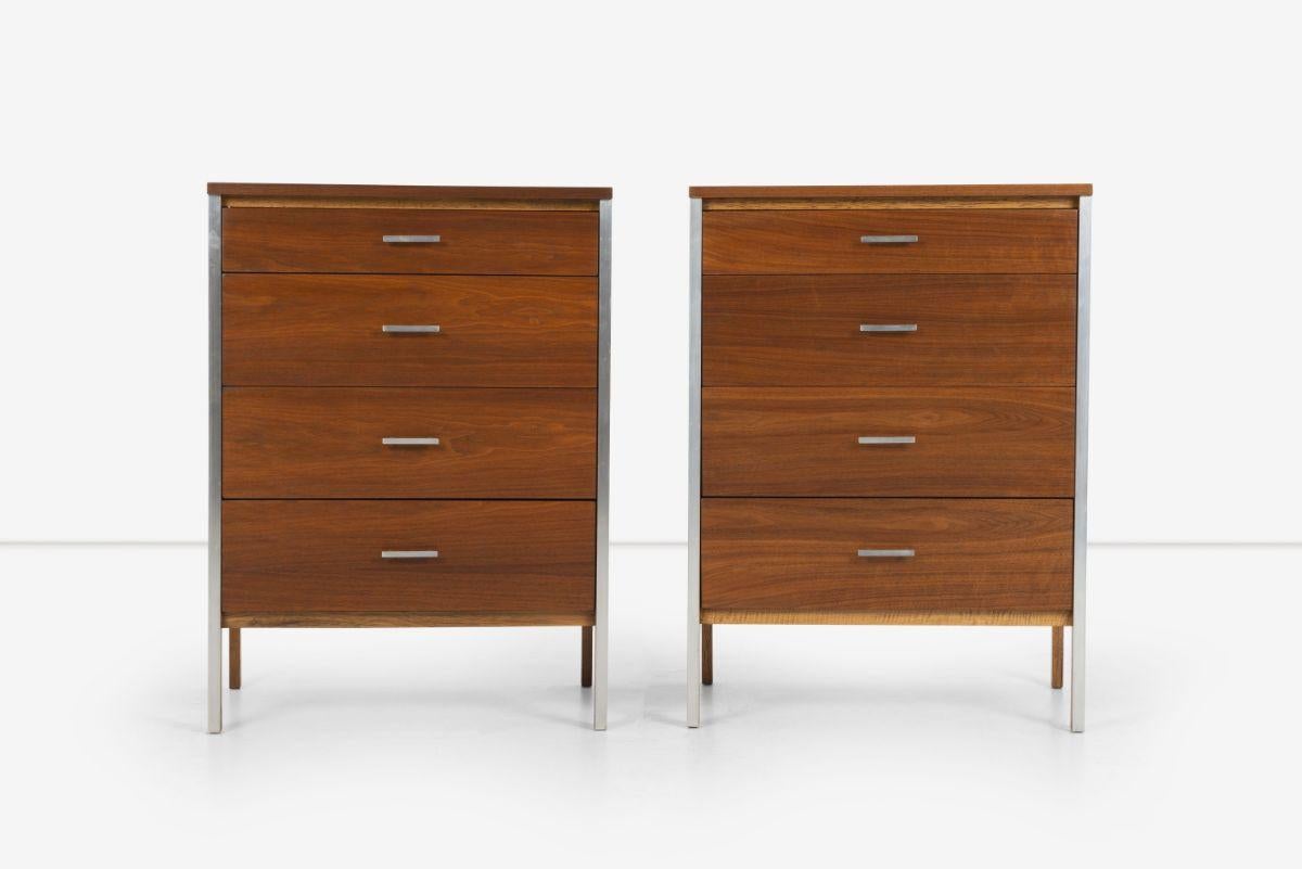 Pair of Paul McCobb for Calvin Four Drawer Dressers, Oiled walnut with vertical aluminum edge accents and beveled aluminum pulls.