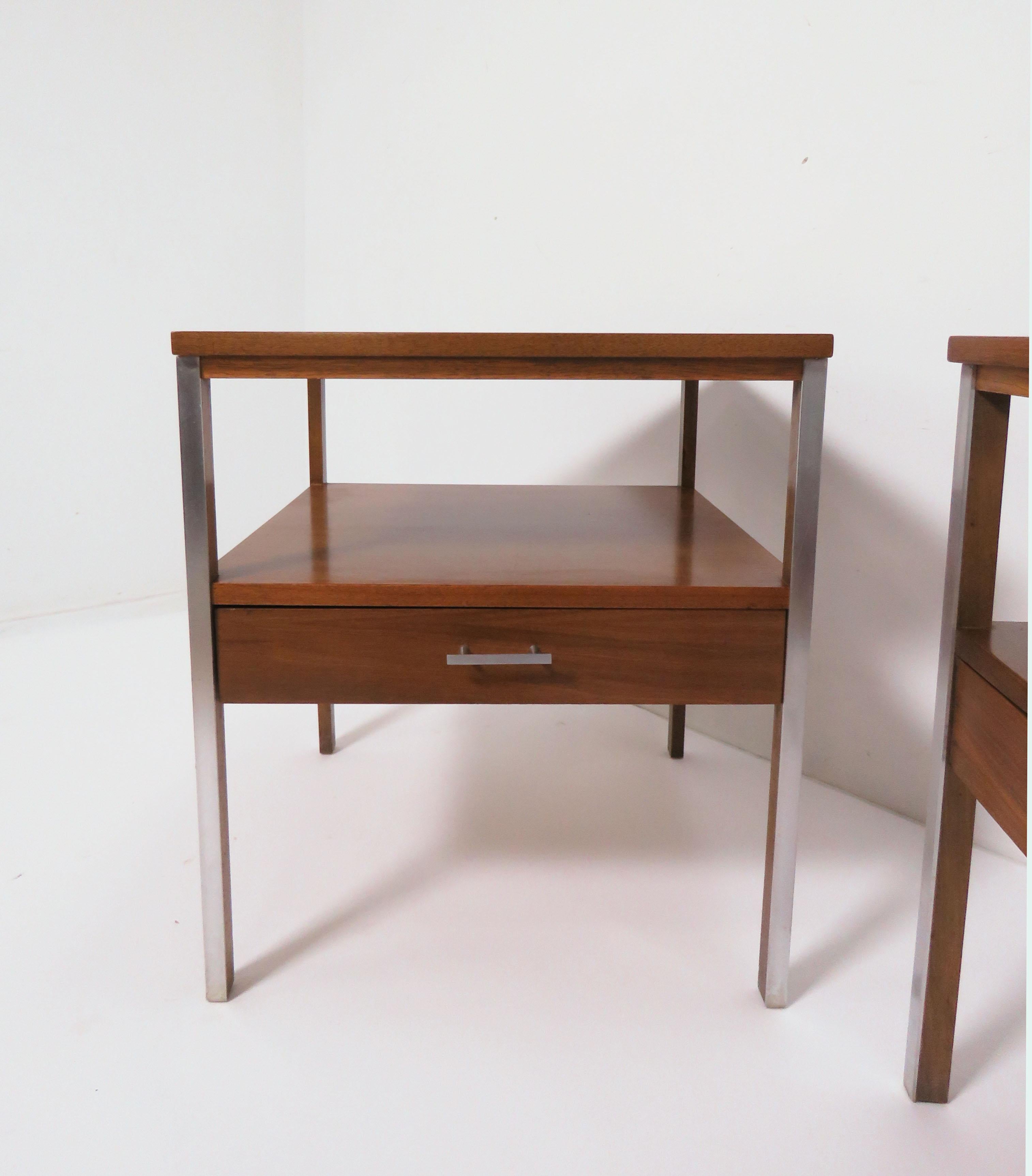 Pair of single drawer side tables with aluminum panels and hardware by Paul McCobb for Calvin's Linear Group, circa 1950s.