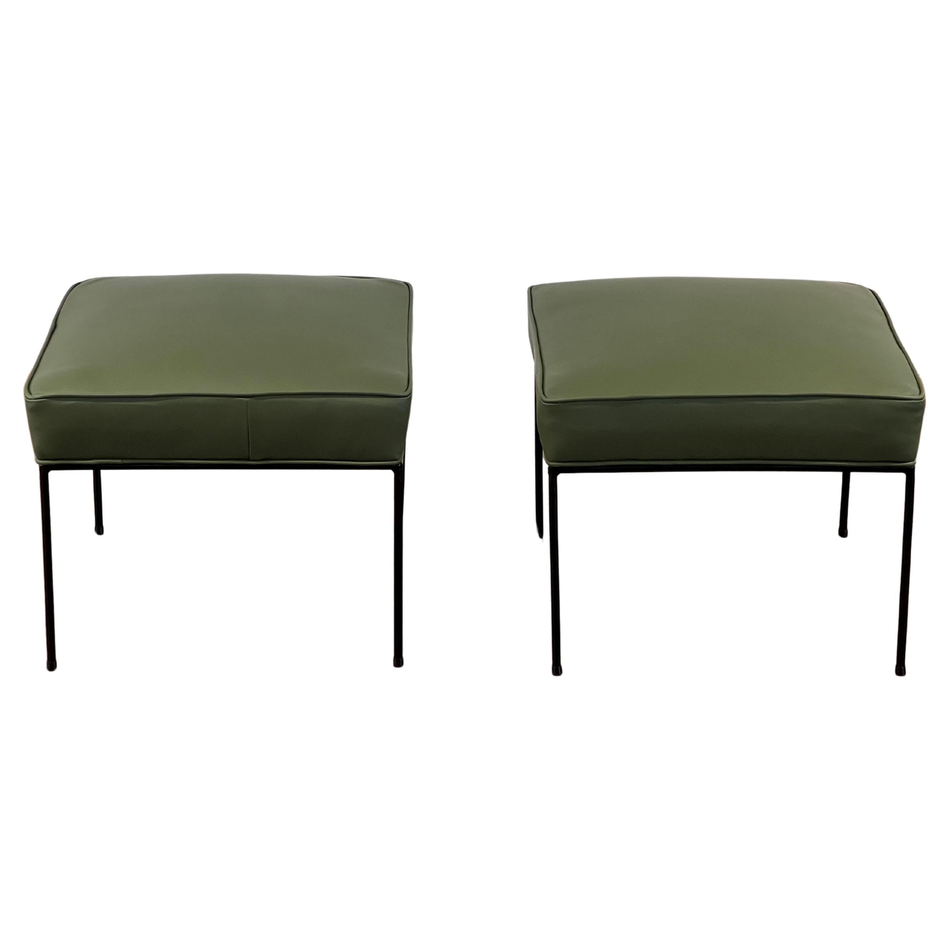 Pair Of Paul McCobb Ottomans in Green Leather 