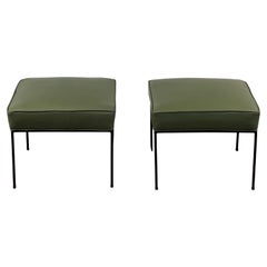 Vintage Pair Of Paul McCobb Ottomans in Green Leather 