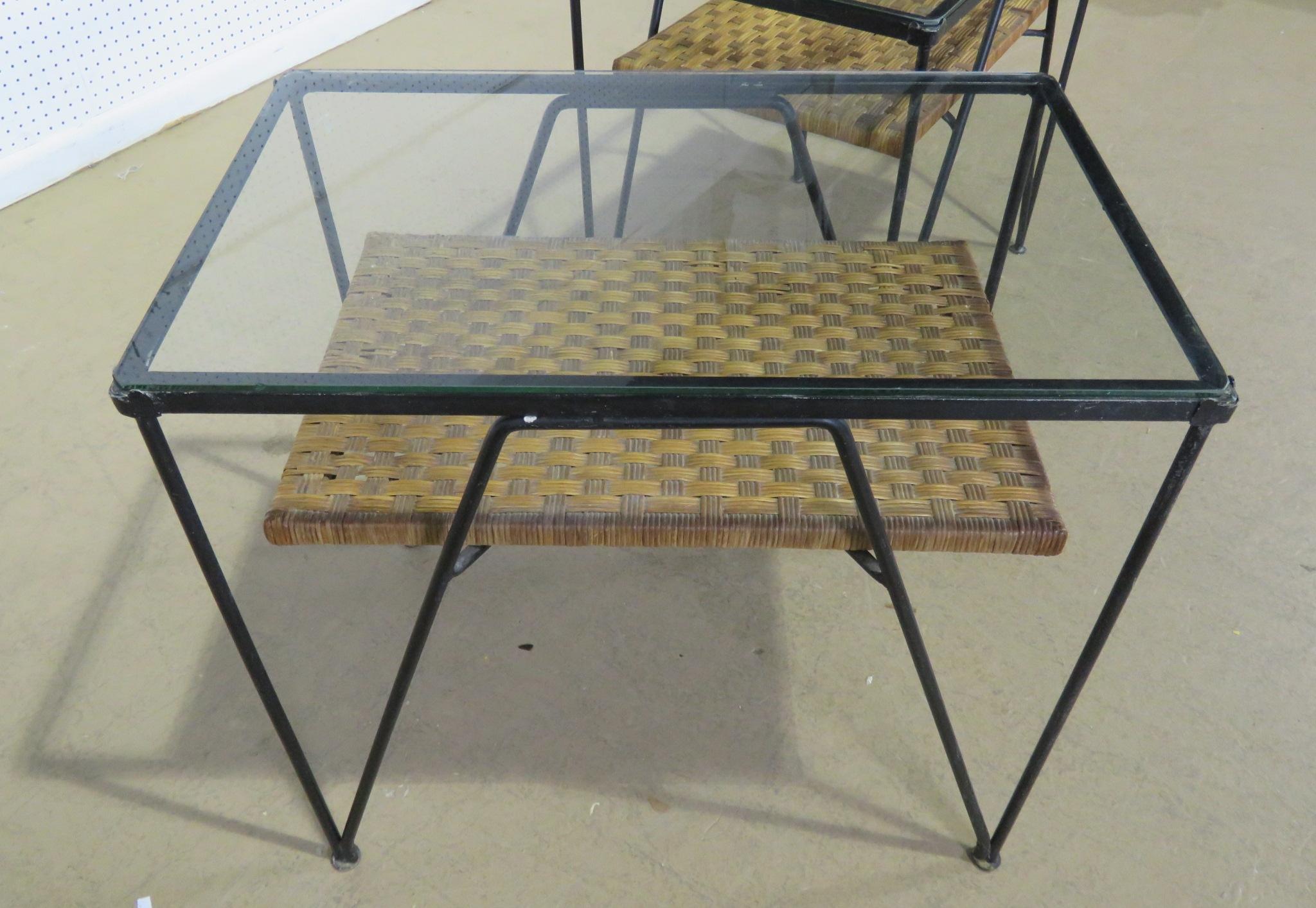 Wicker Pair of Paul McCobb Style Glass Top End Tables