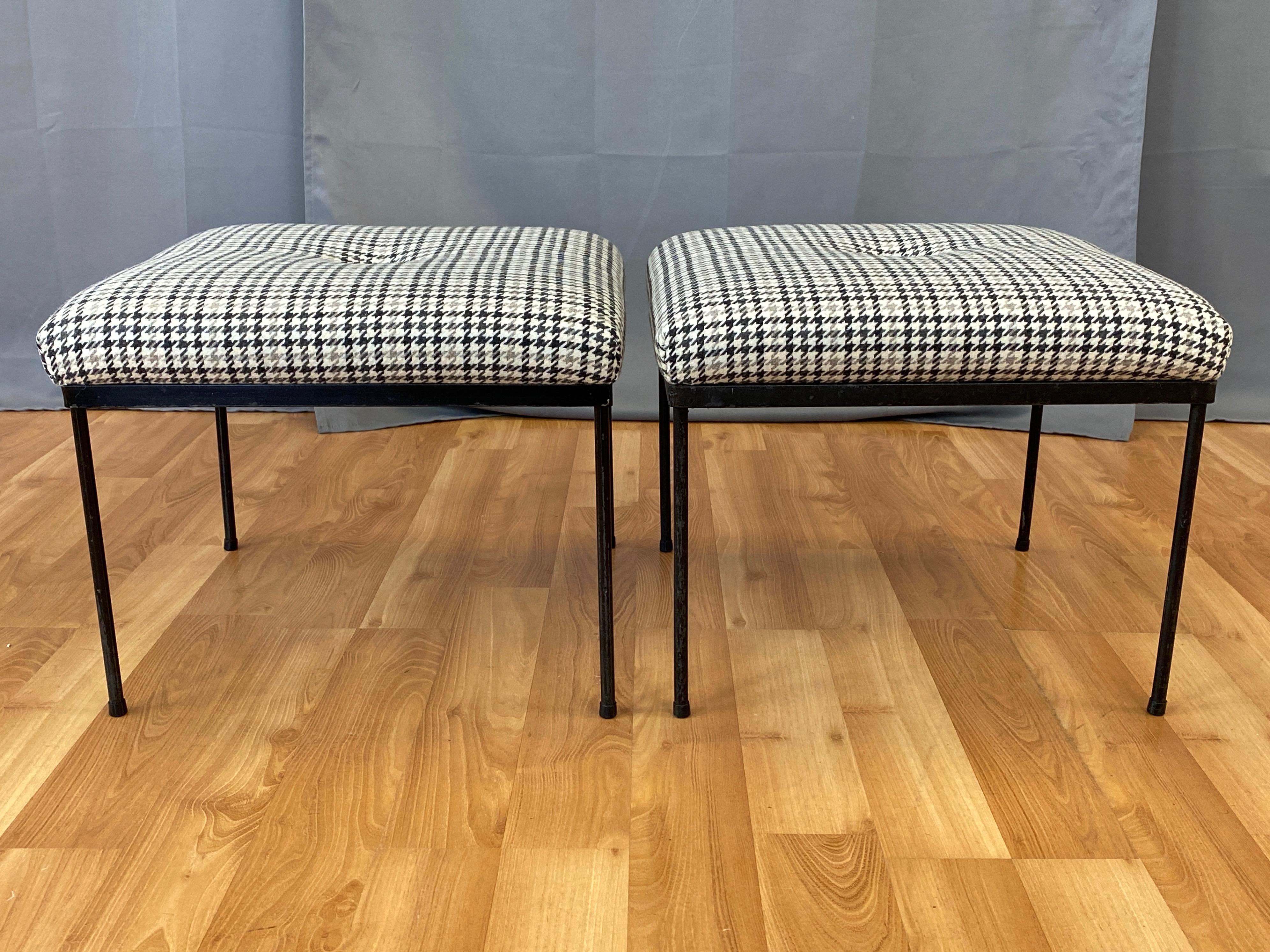 Lacquered Pair of Paul McCobb-Style Houndstooth Upholstered Ottomans by Mallin, 1950s