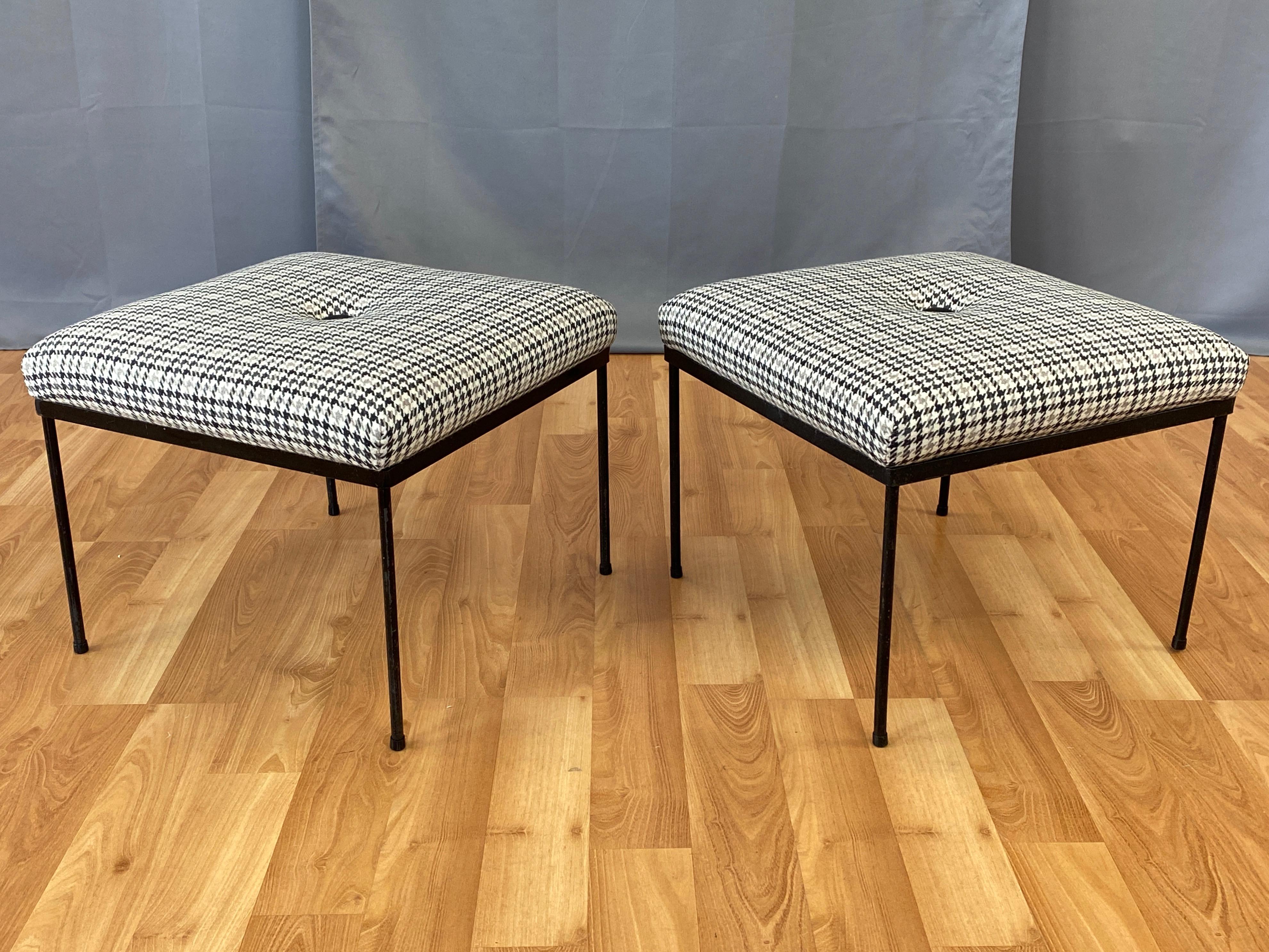 Iron Pair of Paul McCobb-Style Houndstooth Upholstered Ottomans by Mallin, 1950s