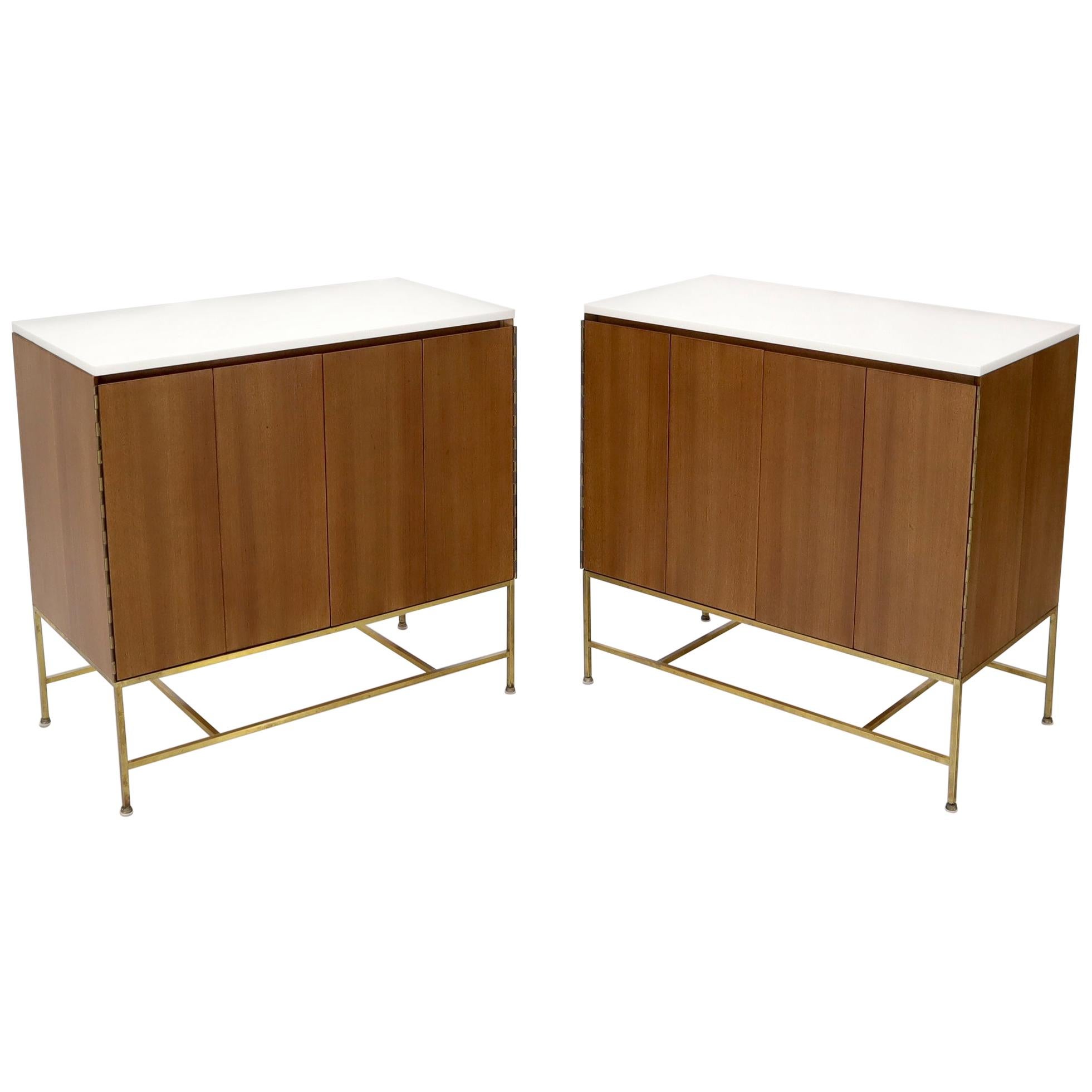 Pair of Paul McCobb Vitrolite Glass Tops Chests on Brass Legs and Stretchers