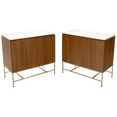 Pair of Paul McCobb Vitrolite Glass Tops Chests on Brass Legs and Stretchers