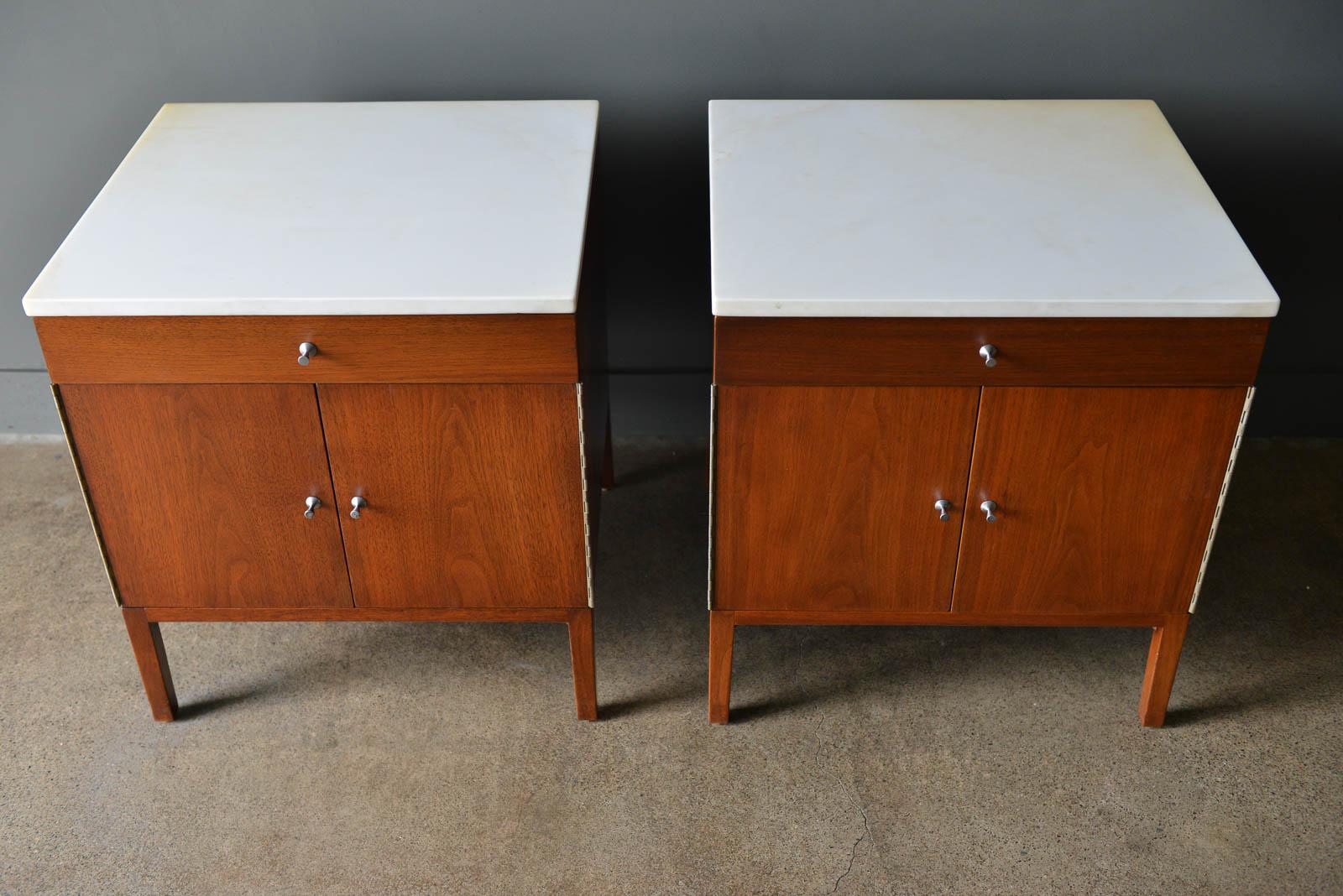 American Pair of Paul McCobb Walnut and Marble Nightstands or End Tables, circa 1960