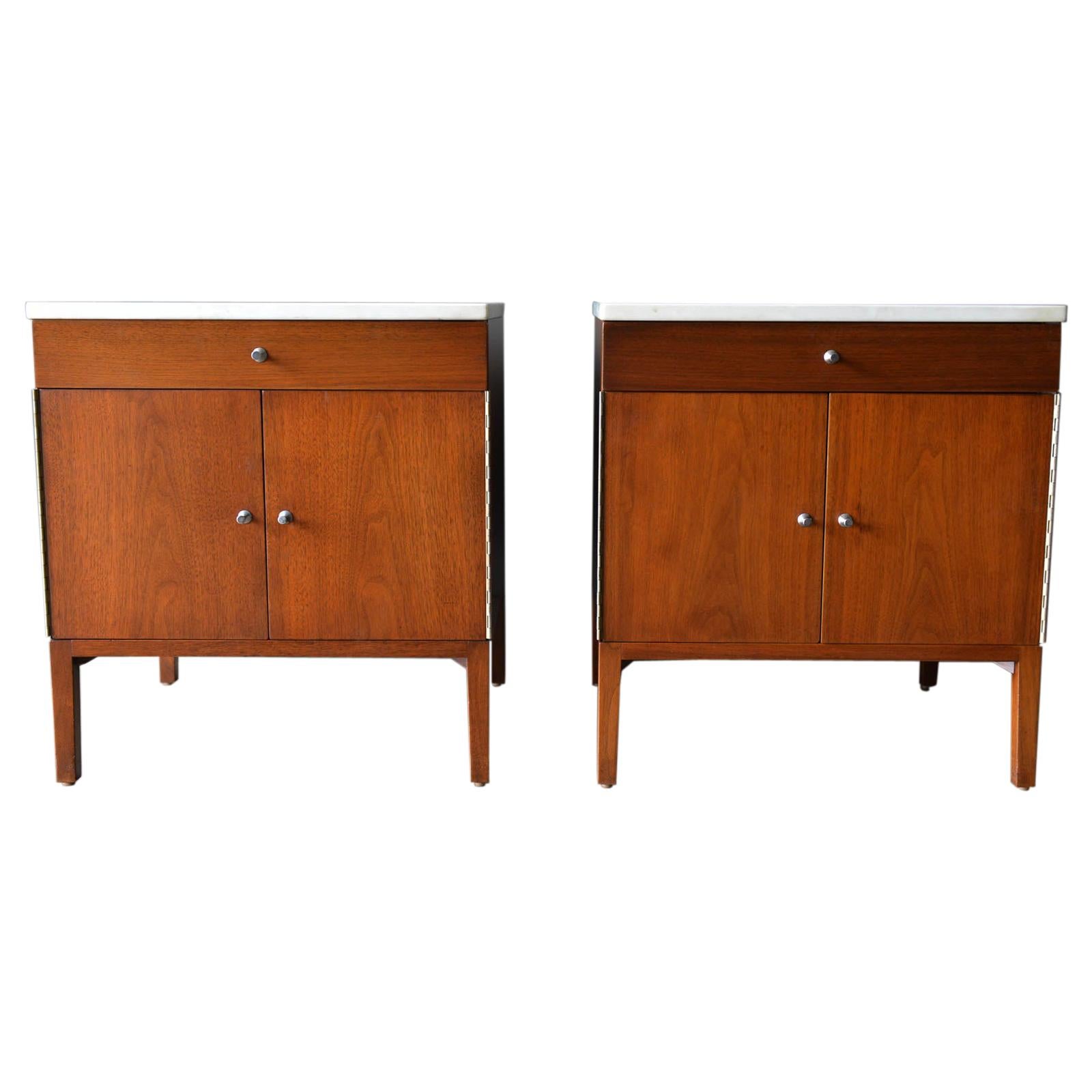 Pair of Paul McCobb Walnut and Marble Nightstands or End Tables, circa 1960