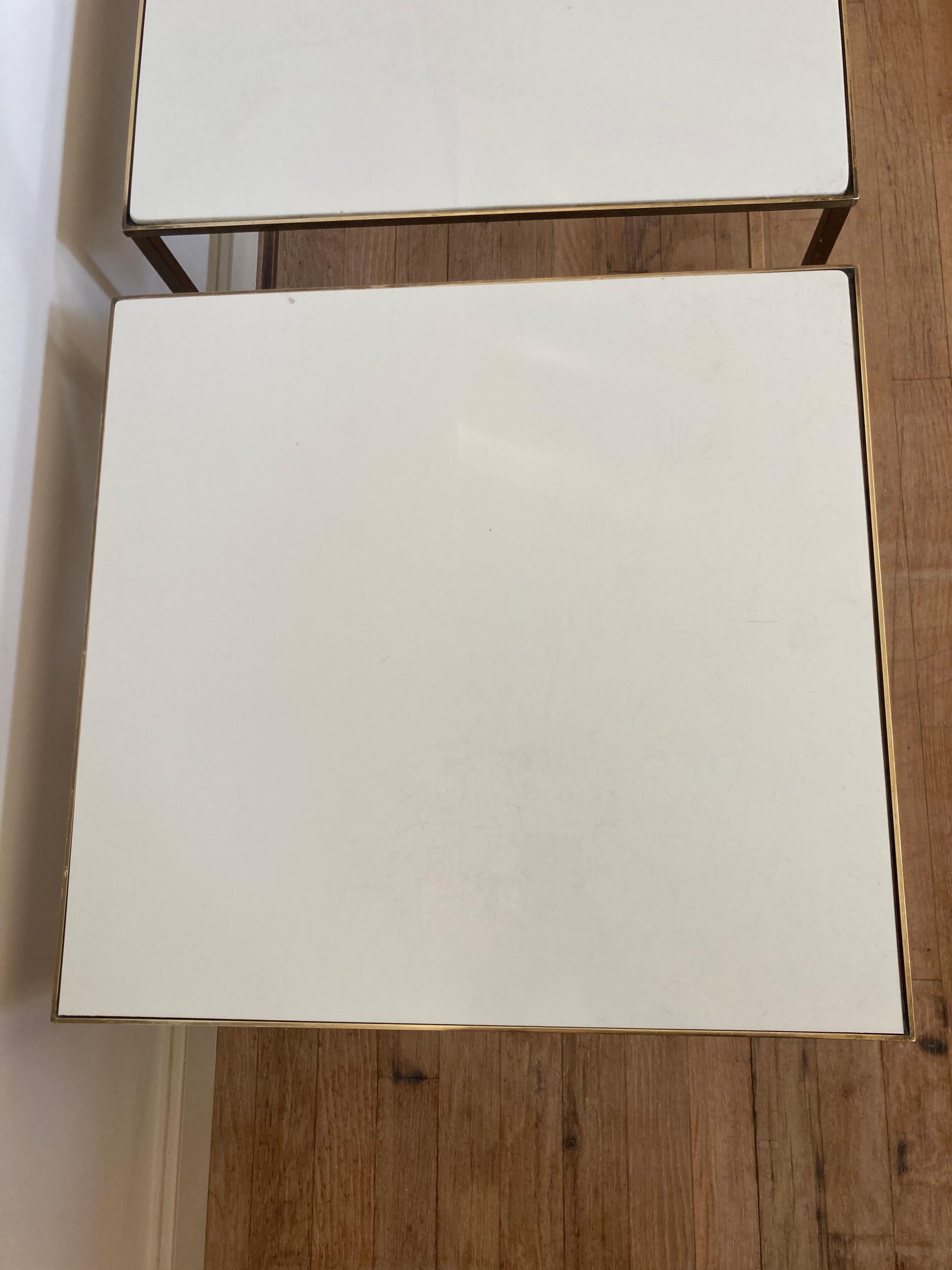 Pair of Paul McCobb White Glass Top Brass Tables In Good Condition In East Hampton, NY