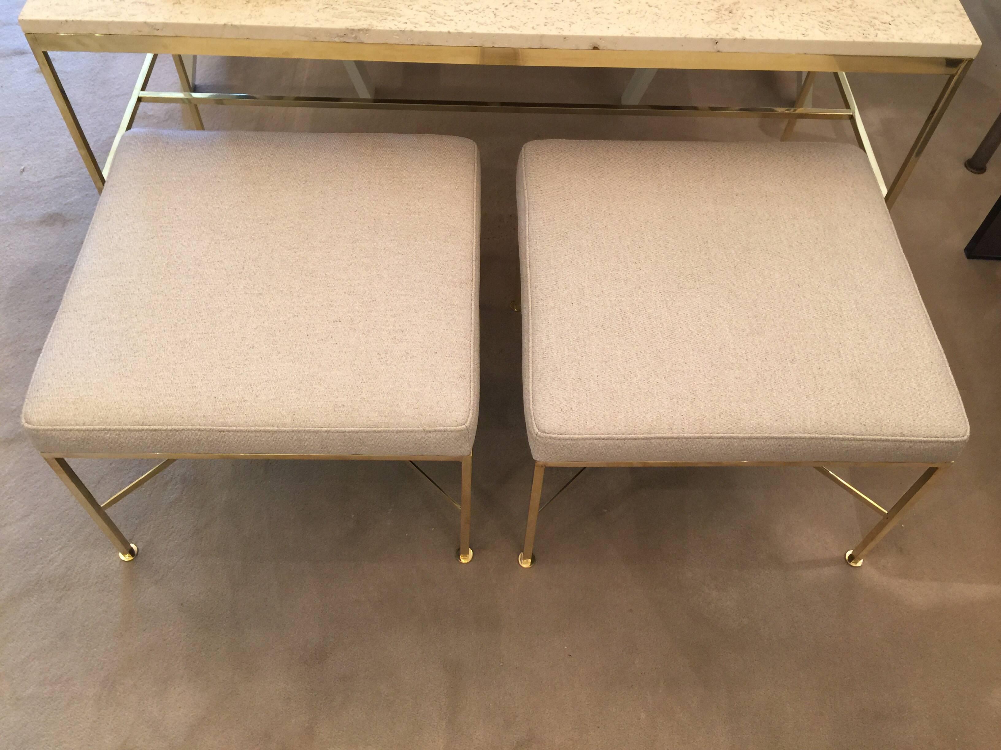 These X-base design brass stools by Paul McCobb for Calvin Furniture are truly classic and perfect for any space.
Newly upholstered seats by Gustavo Olivieri Antiques, original patina is very nice.

 
