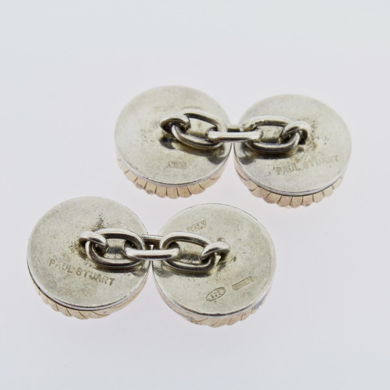 Modern Pair of Paul Stuart Italian Gilt Sterling Silver Ribbed Button-Form Cufflinks For Sale