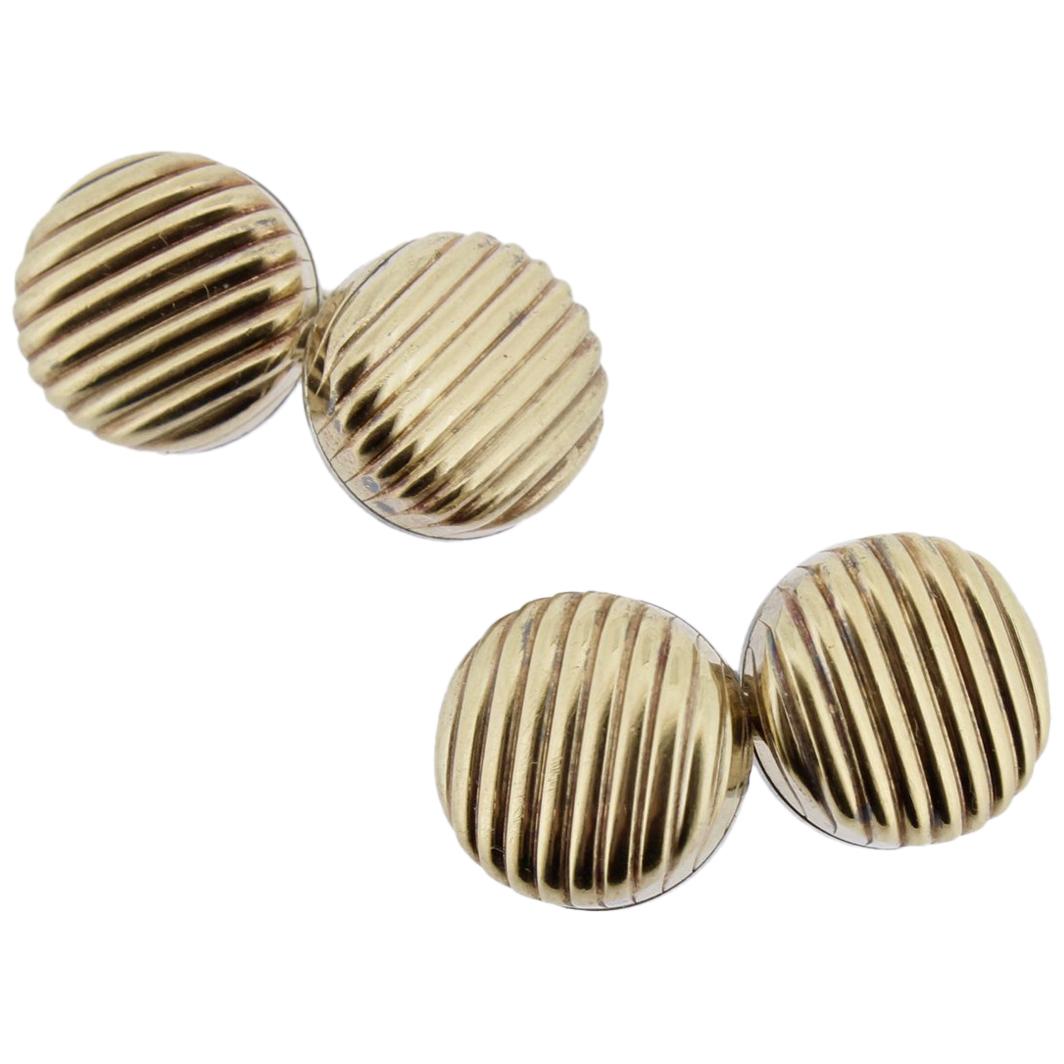 Pair of Paul Stuart Italian Gilt Sterling Silver Ribbed Button-Form Cufflinks For Sale
