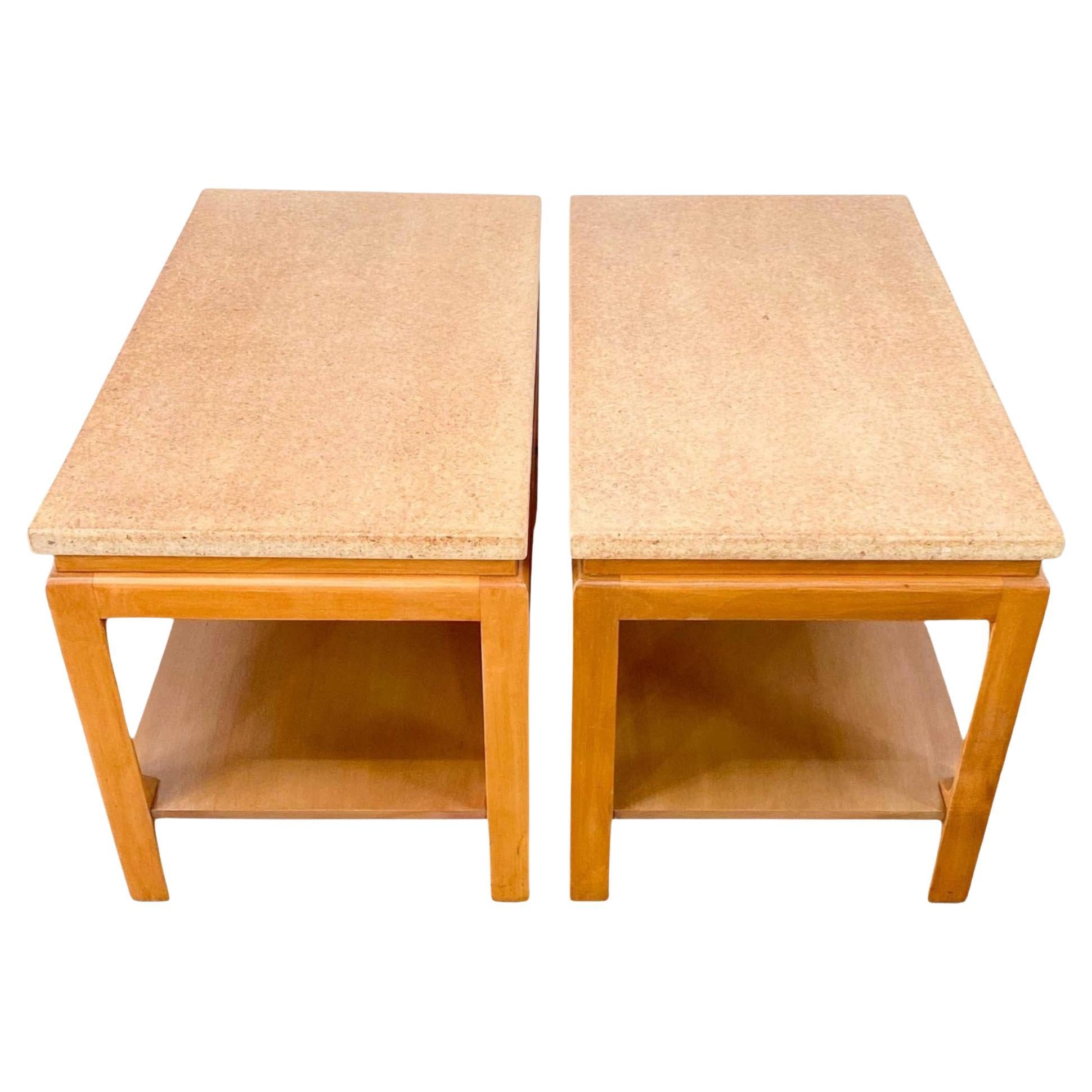 A pair of mahogany side or end tables with cork tops designed by Paul Frankl for the Johnson Furniture Company in the 1950s.
The tables are in excellent vintage condition and were recently re=lacquered.


