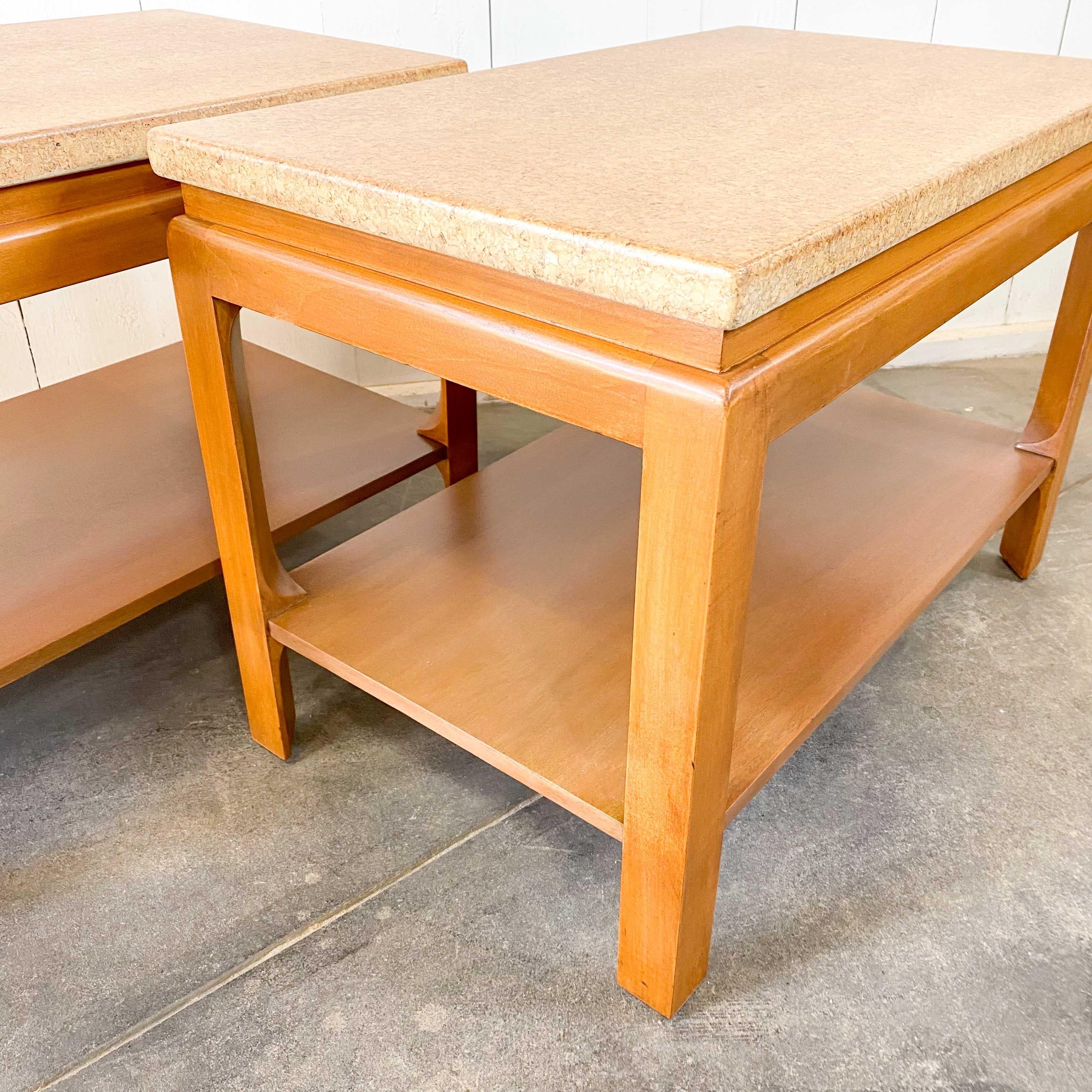 Mid-Century Modern Pair of Paul T. Frankl for Johnson Cork Top Two Tier Side or End Tables, 1950s For Sale