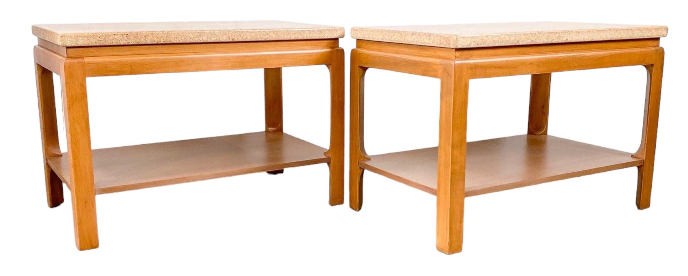 American Pair of Paul T. Frankl for Johnson Cork Top Two Tier Side or End Tables, 1950s For Sale