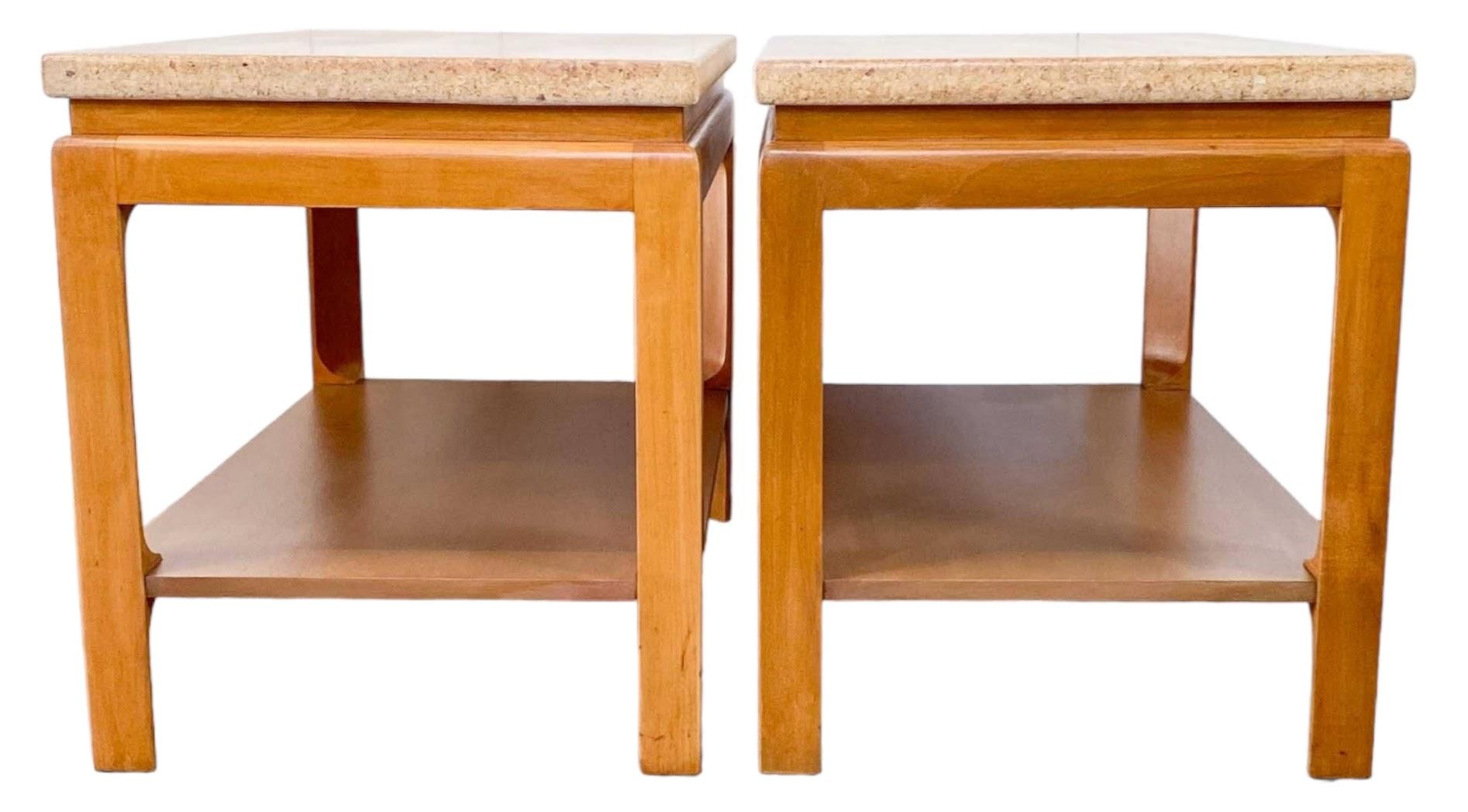Mahogany Pair of Paul T. Frankl for Johnson Cork Top Two Tier Side or End Tables, 1950s For Sale