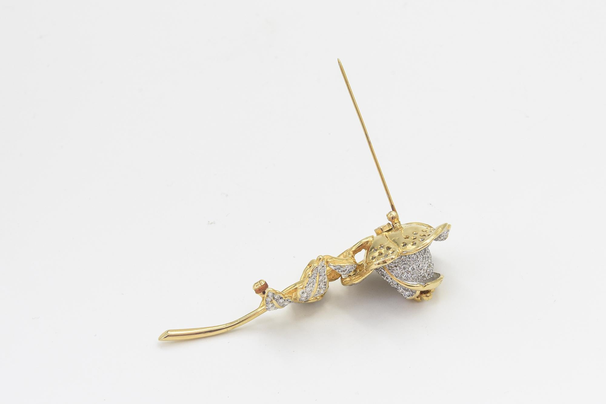 Pair of Pave Diamond Yellow Gold Rose Brooch  For Sale 1
