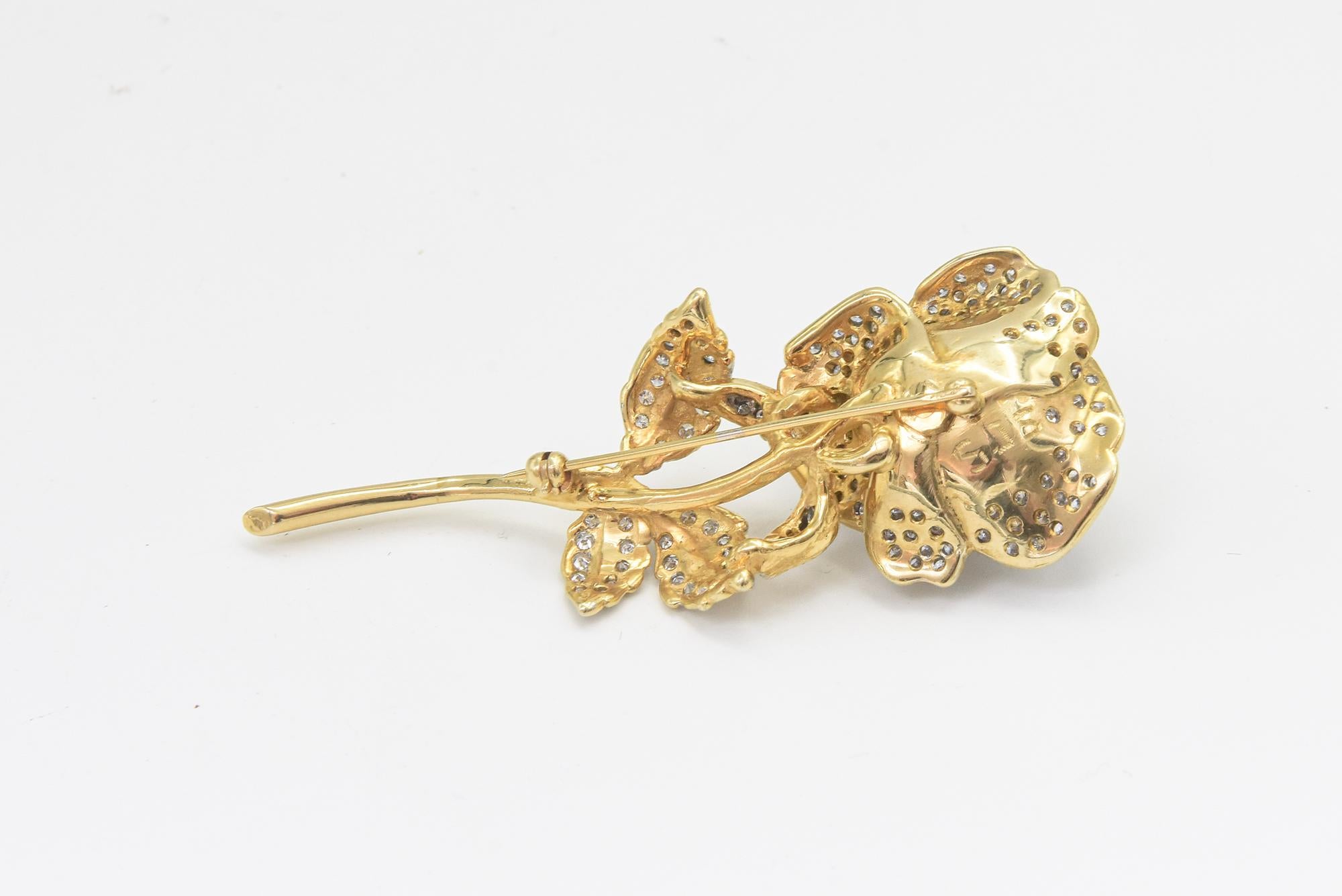 Pair of Pave Diamond Yellow Gold Rose Brooch  For Sale 2