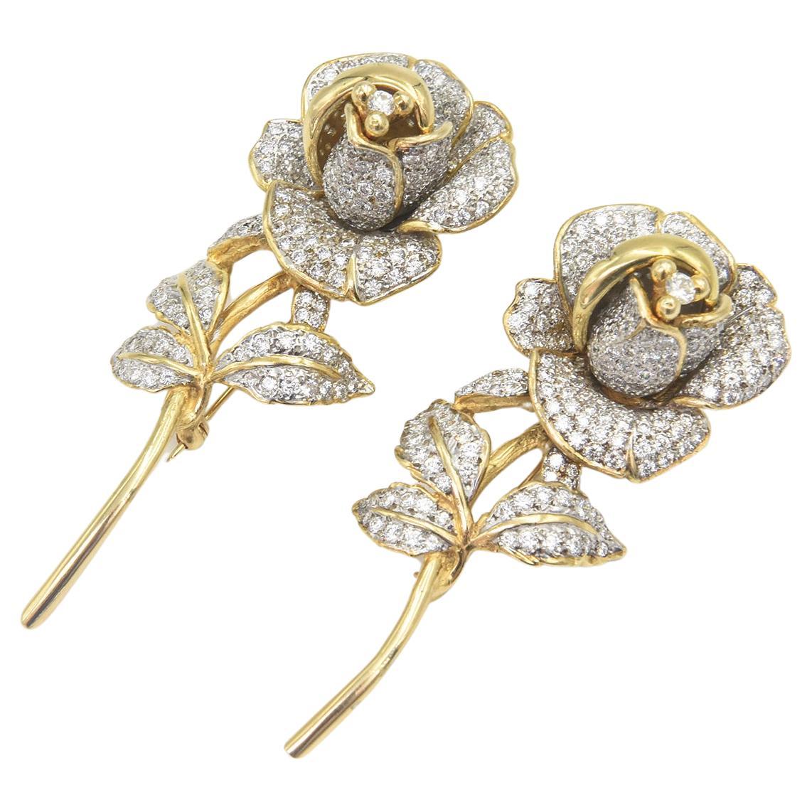 Pair of Pave Diamond Yellow Gold Rose Brooch 