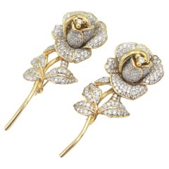Pair of Pave Diamond Yellow Gold Rose Brooch