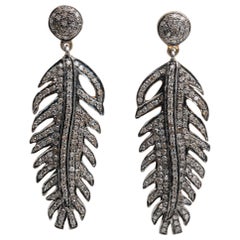 Pair of Pave`-Set Diamond Feather Dangle Earrings