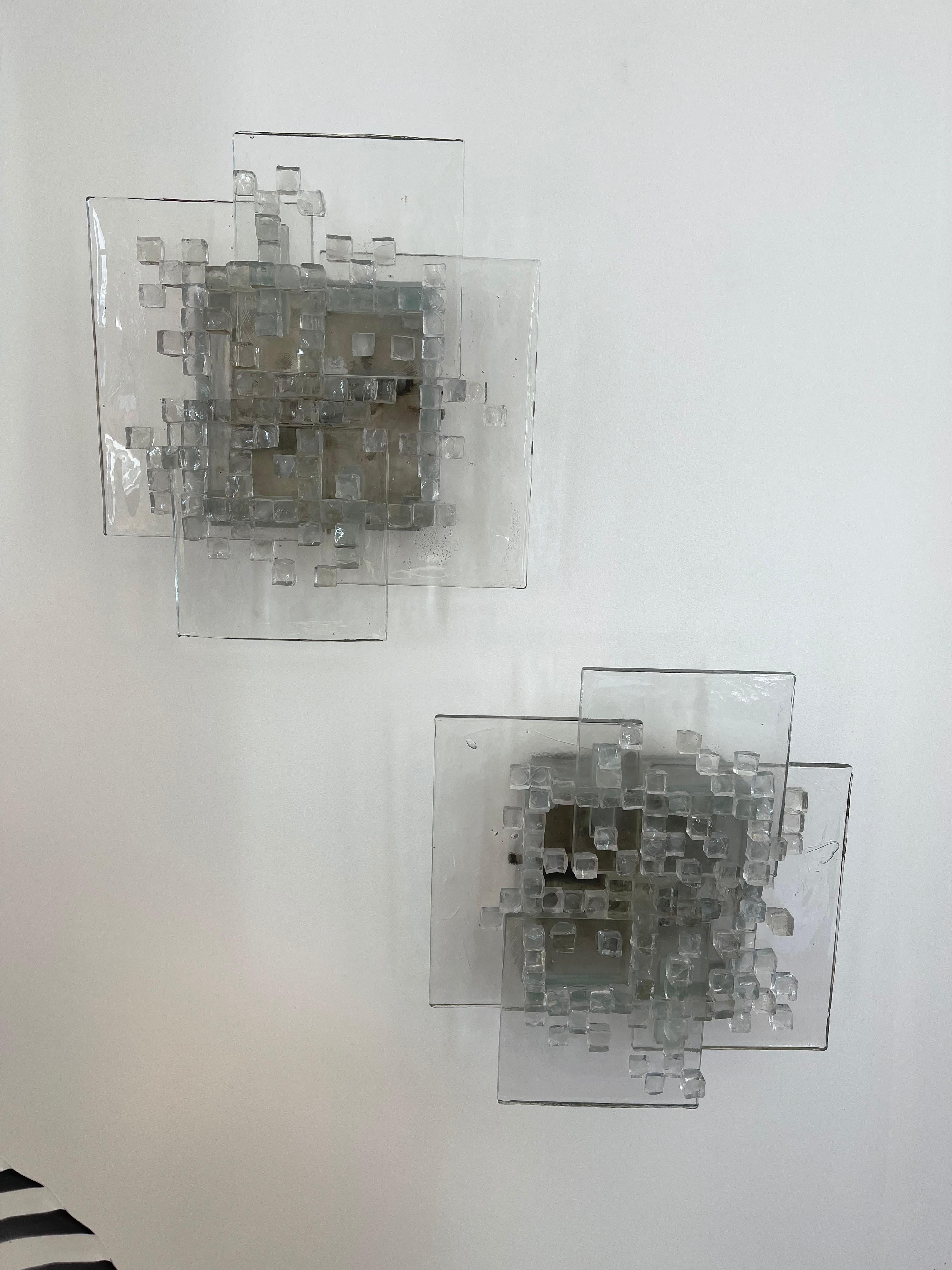 Pair of Pavo Glass Cube Sconces by Poliarte, Italy, 1970s 3