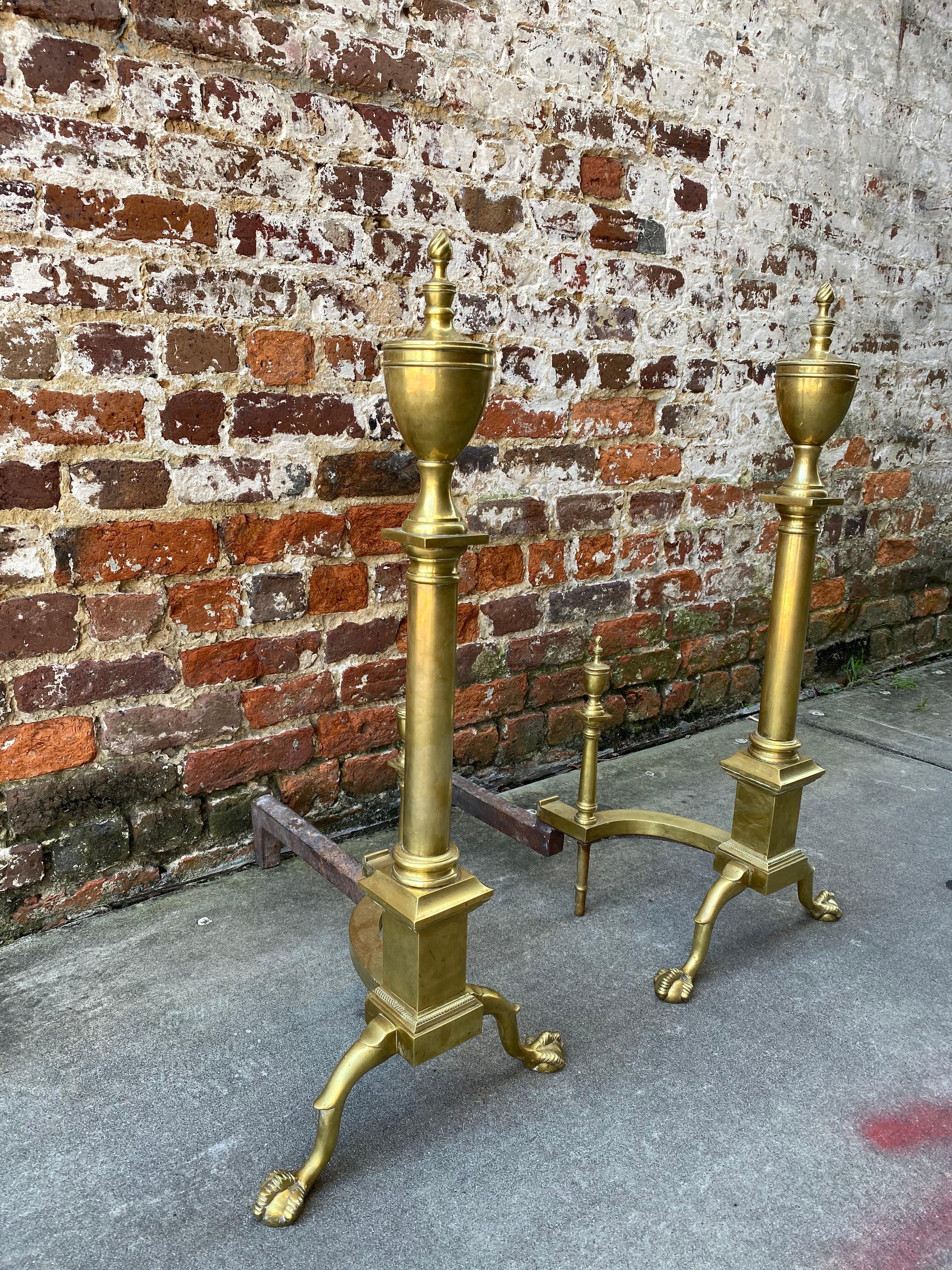 19th Century Pair of Paw Foot with Urn Top American Andirons For Sale