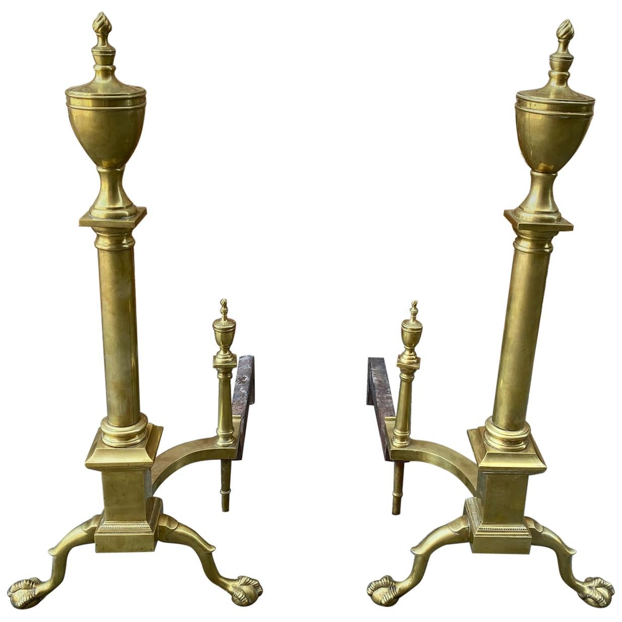 Pair of Paw Foot with Urn Top American Andirons For Sale