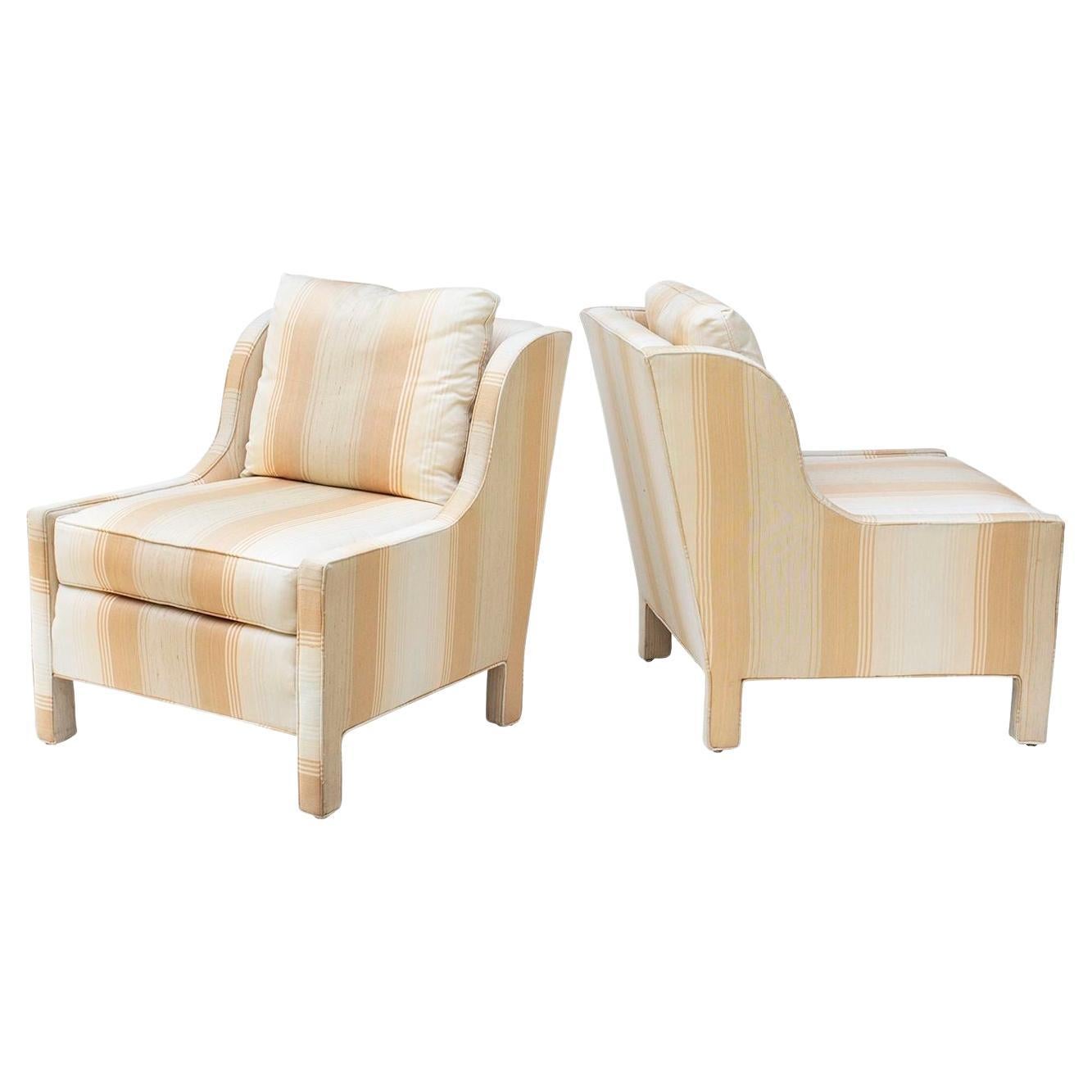 Pair of Peach Striped Parsons Style Wing Slipper Chairs with Curving Arms For Sale