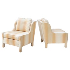 Pair of Peach Striped Parsons Style Wing Slipper Chairs with Curving Arms