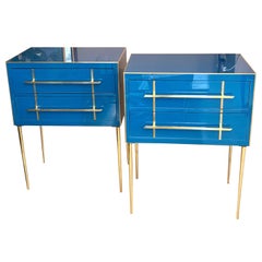 Pair of Peacock Blue Opaline Glass Chest of Drawers with Brass Fittings, 1970s