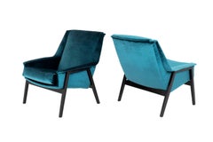 Pair of Peacock Blue Velvet and Beechwood Armchairs, 1960s