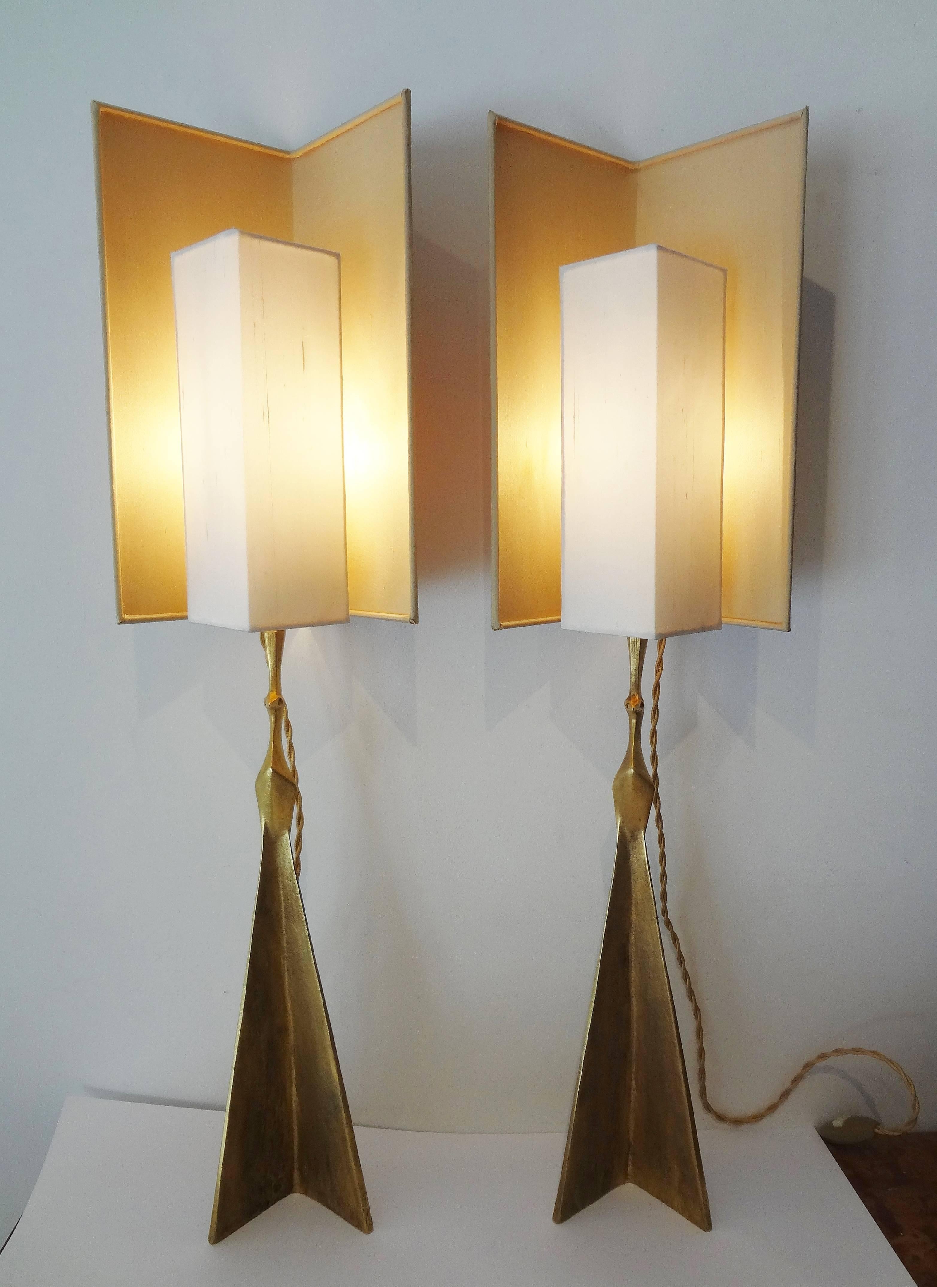 Gilt Pair of Peacock Bronze Lamps by Félix Agostini, 1960 Model For Sale