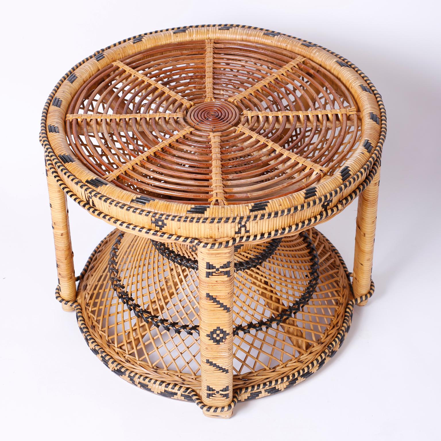 Rattan Pair of Peacock Chairs and Matching Table