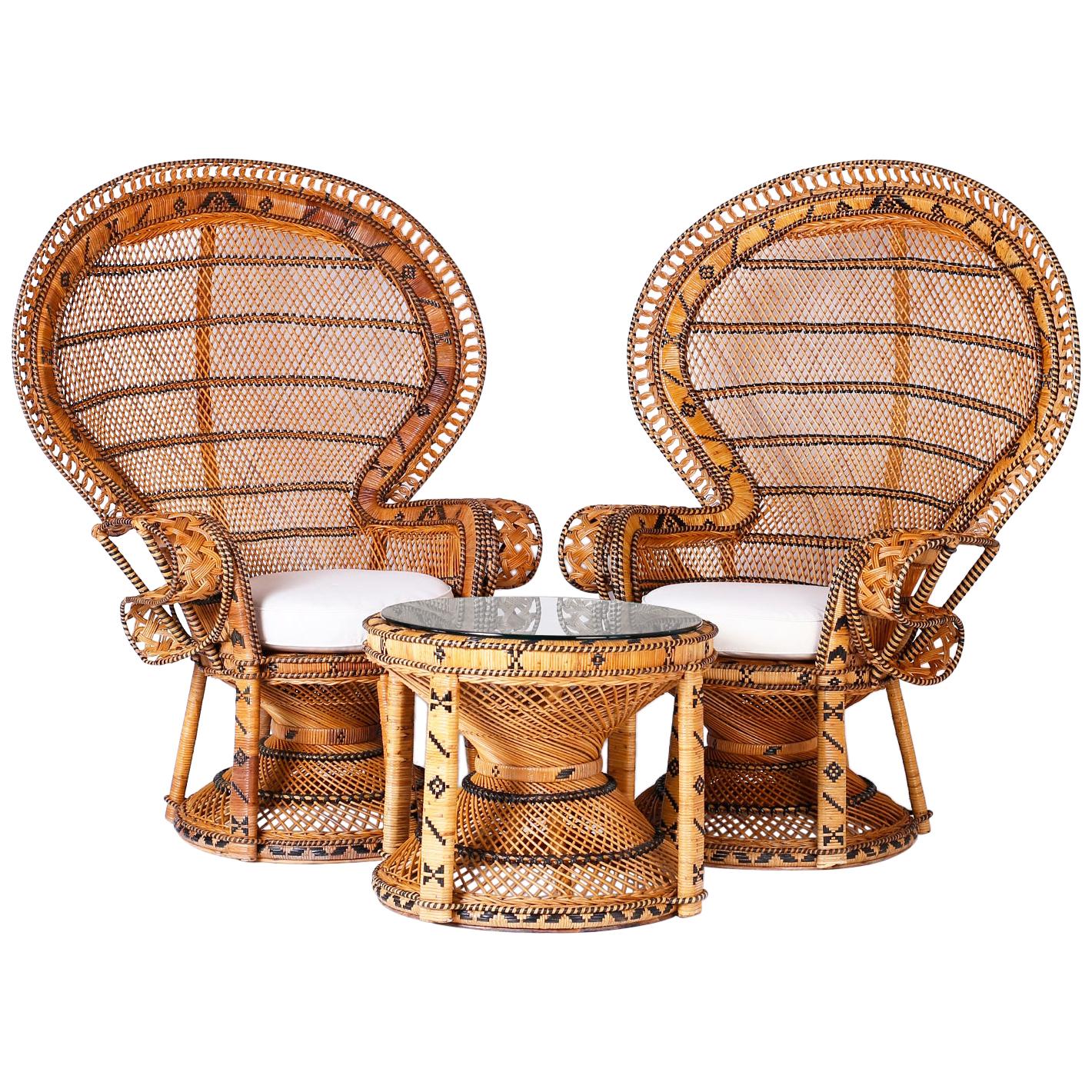 Pair of Peacock Chairs and Matching Table