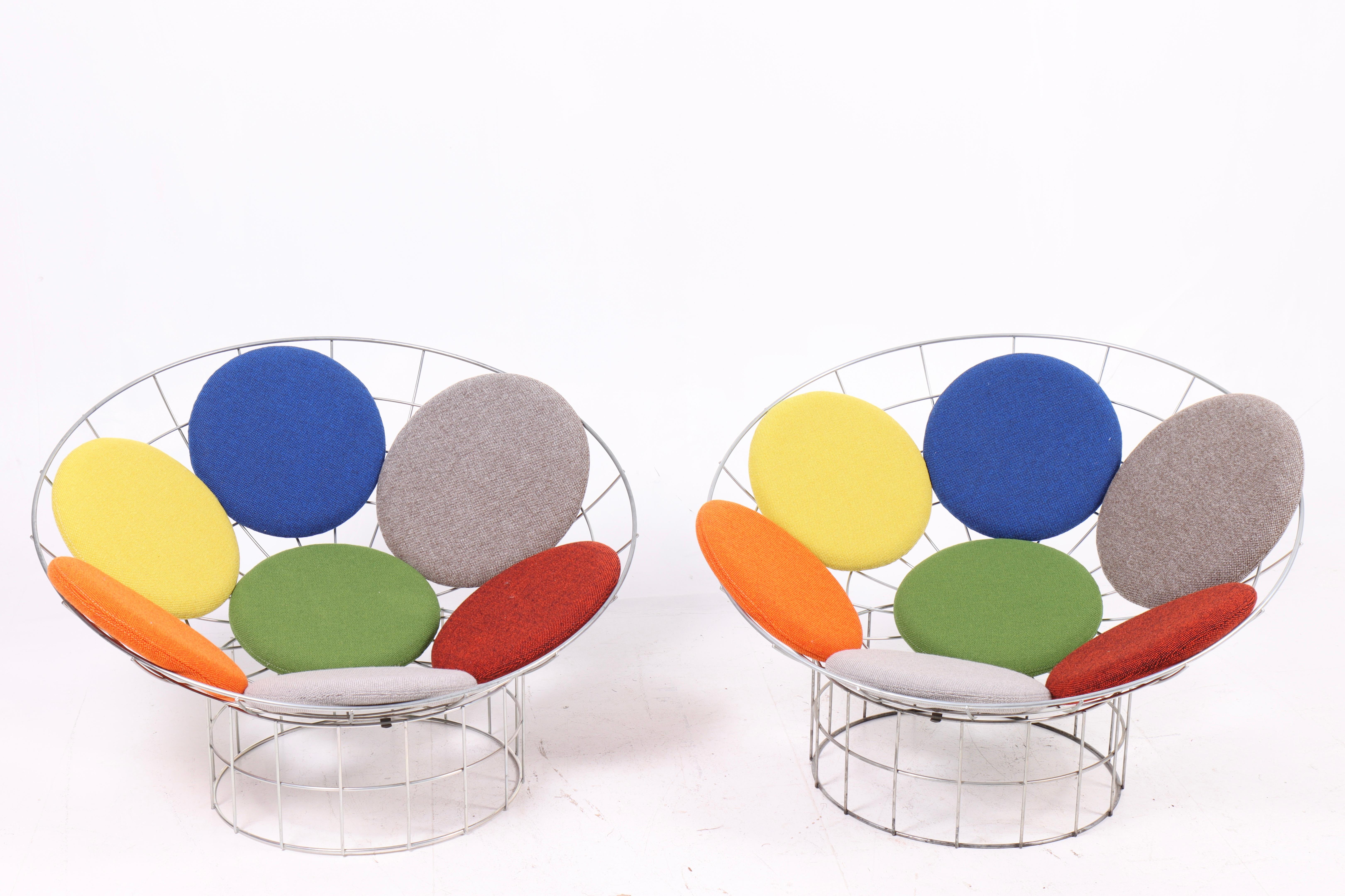 Pair of lounge chairs model T5 in steel with fabric cushions, designed by Verner Panton for Plus Linje 1960s. Great original condition.