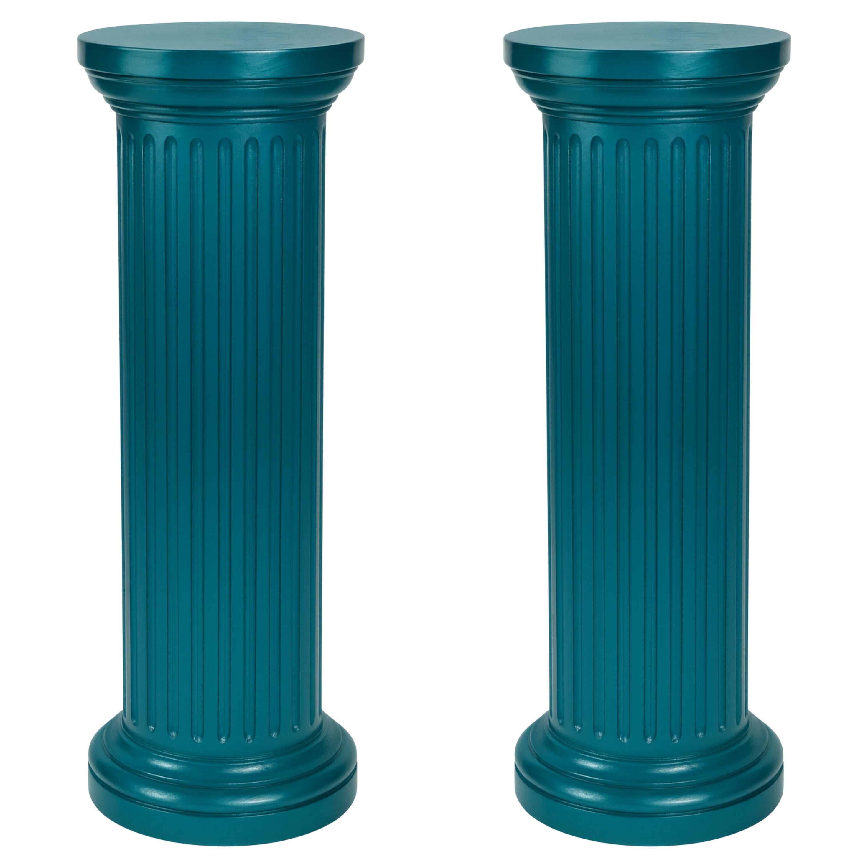 Pair of Blue Peacock Color Wood Column, Louis Philippe Style, 19th Century