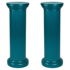 Antique Pair of Blue Peacock Color Wood Column, Louis Philippe Style, 19th Century