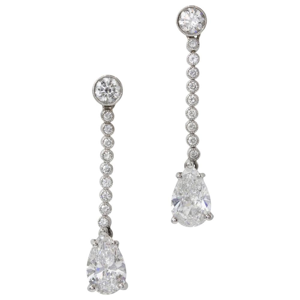 Pair of Pear Shape Diamond Drop Earrings For Sale