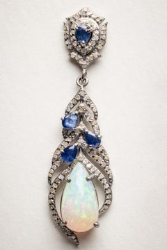 Pair of Pear-Shaped Opal with Blue Sapphires and Diamonds Feather Motif Earrings