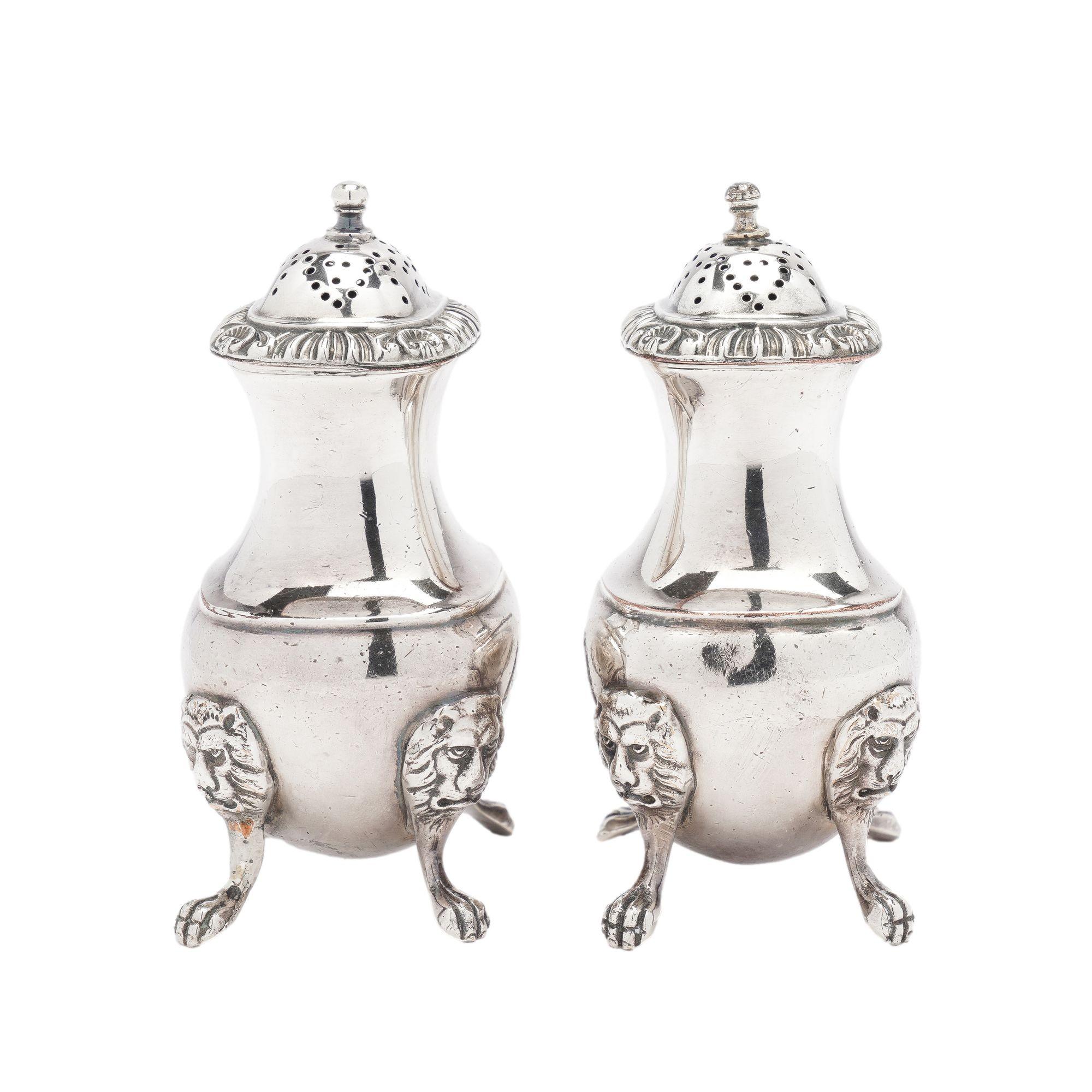 British Pair of pear shaped salt & pepper shakers by The Barker Brothers, c. 1912 For Sale