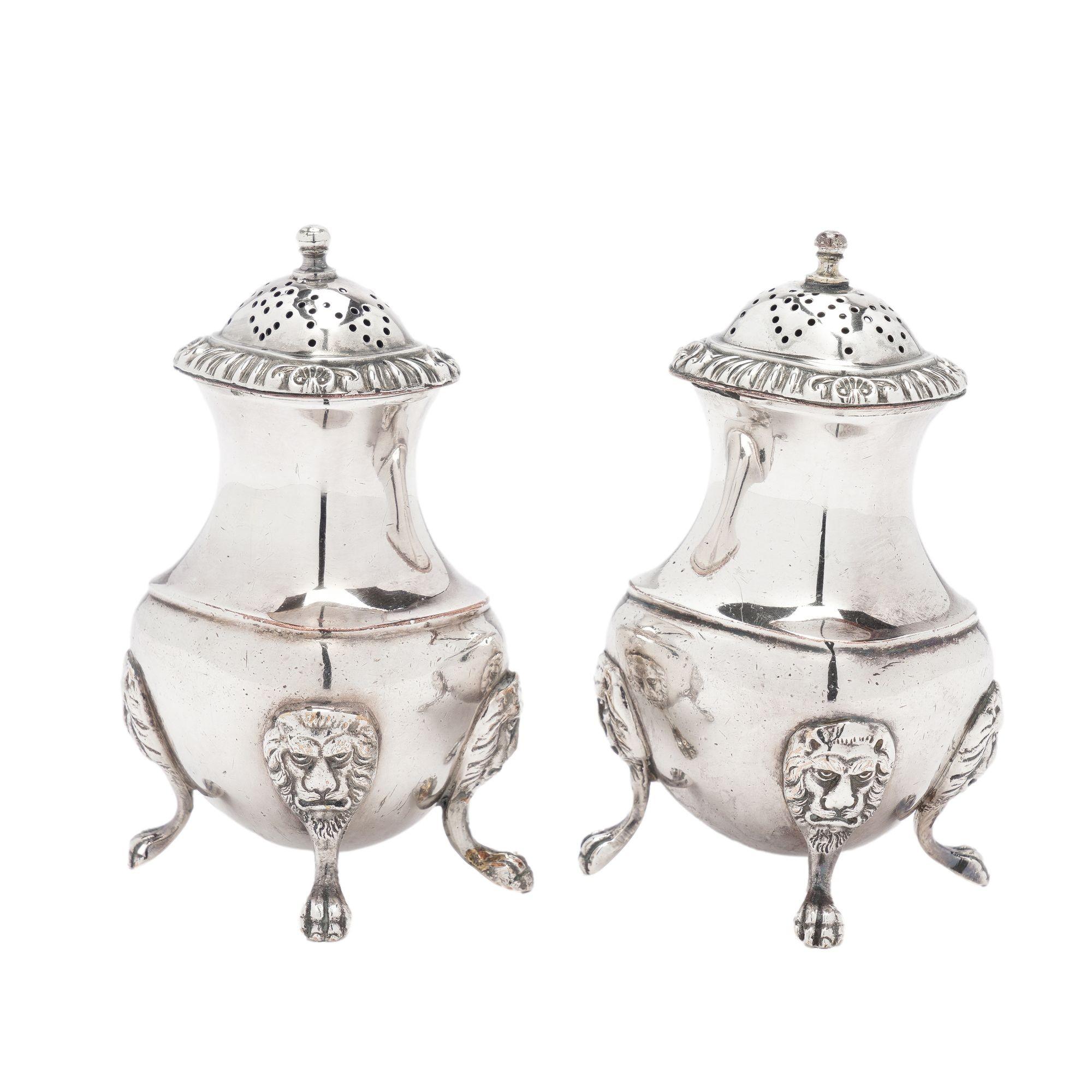 Sheffield Plate Pair of pear shaped salt & pepper shakers by The Barker Brothers, c. 1912 For Sale
