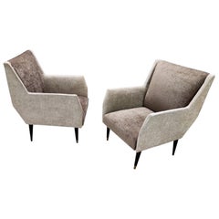 Pair of Pearl Grey and Taupe Velvet Armchairs Ascrib. to Carlo de Carli, Italy