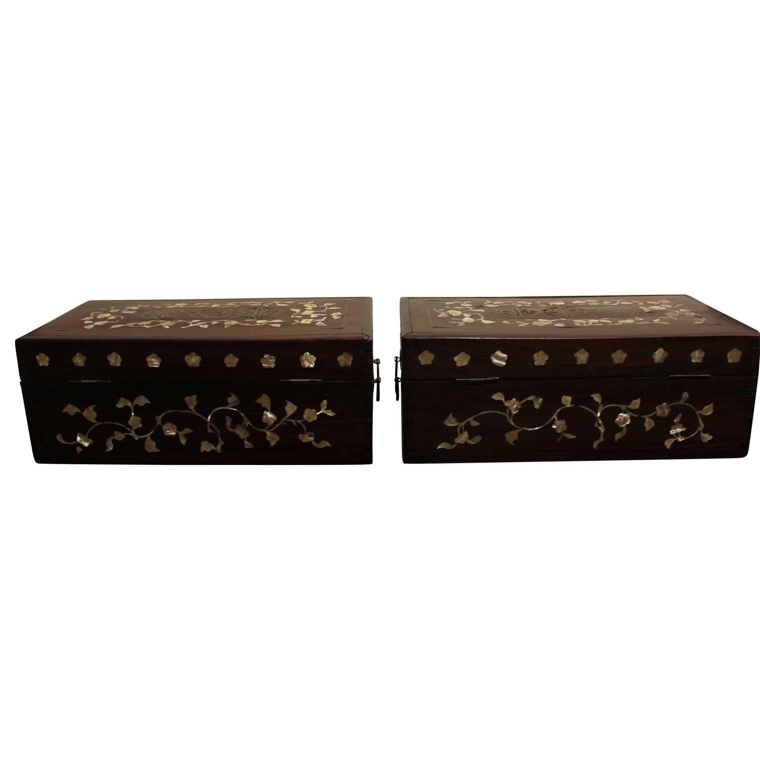 Chinese Chippendale Pair of Pearl Inlaid Rosewood Boxes