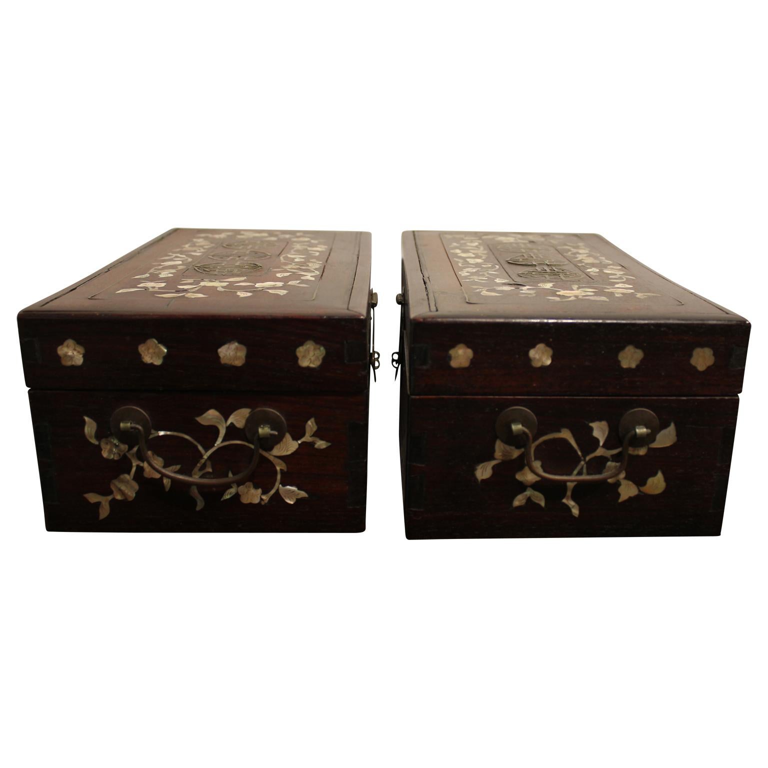 Chinese Pair of Pearl Inlaid Rosewood Boxes