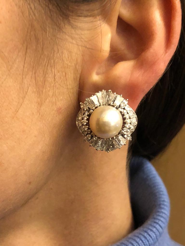 Women's Pair of Pearl White Gold Platinum and Diamond Earrings For Sale