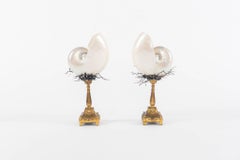Pair of Pearlized Nautilus and Black Coral Quartz Sculptures